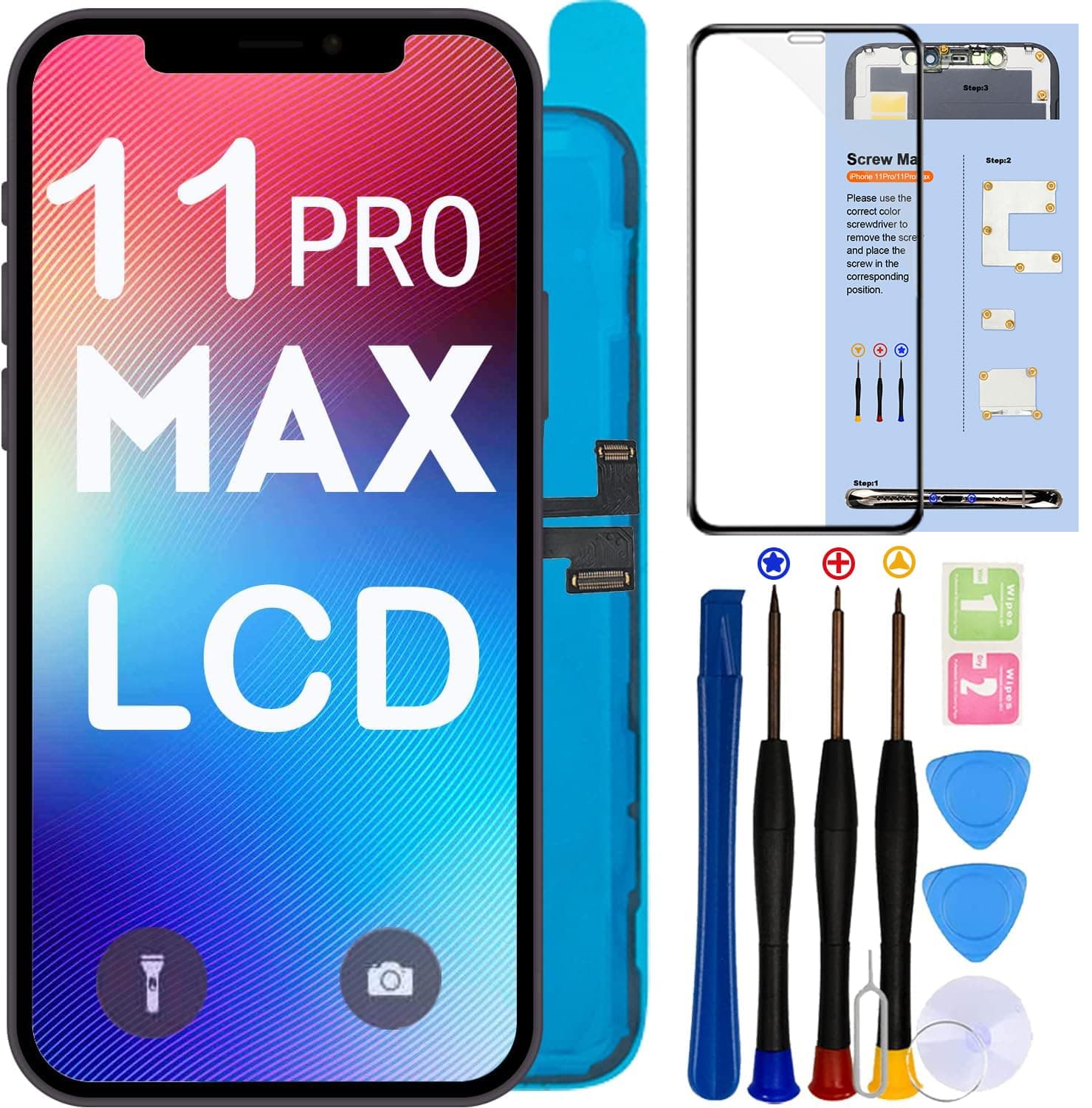 for iPhone 11 pro max LCD Screen Replacement 6.5“ (A2161,A2220,A2218,with face ID and 3D Touch Screen Display digitizer Frame Assembly Full Repair Kit with Repair Tools,Screen Protector,Instructions.