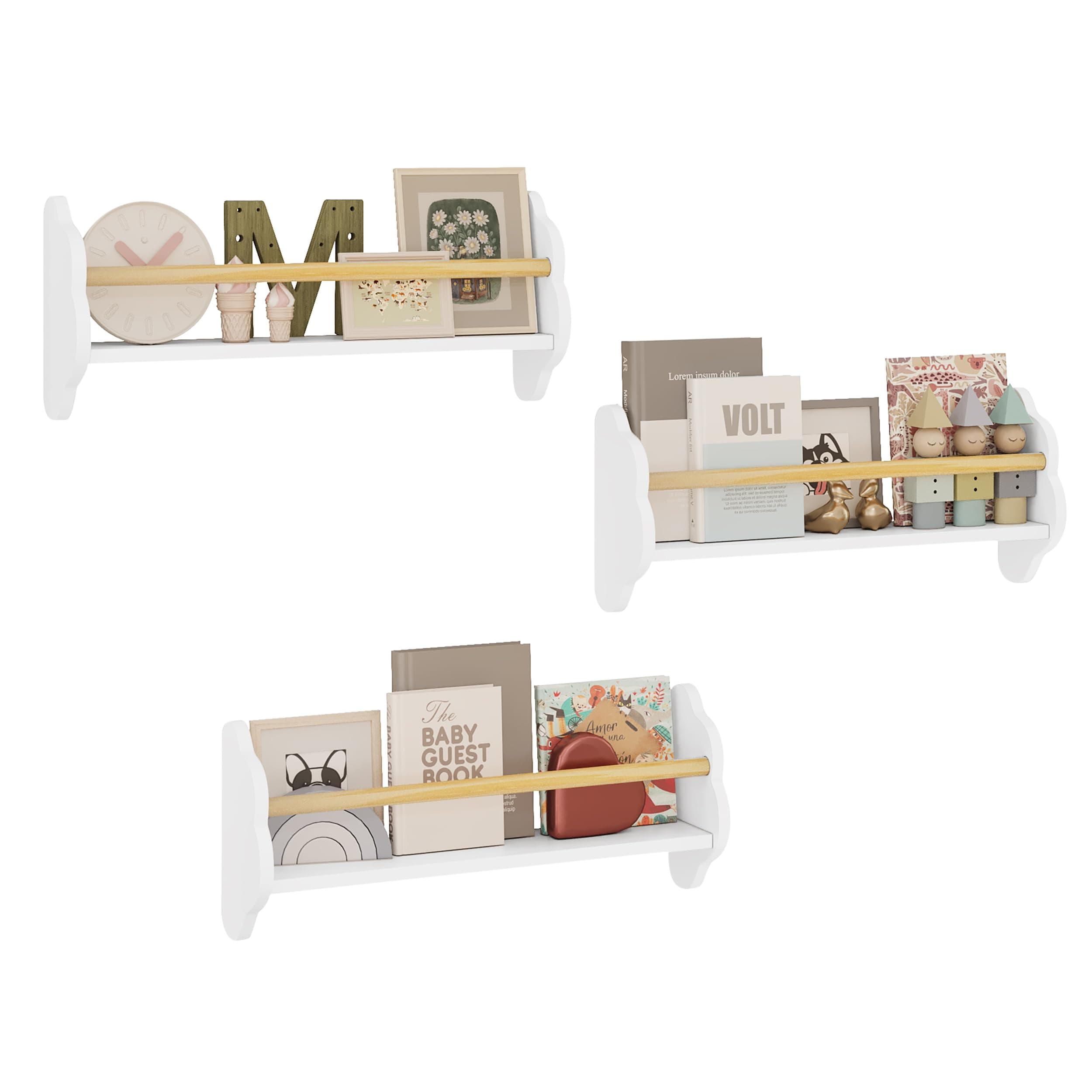 Kids Wall Shelves Set of 3 Floating Shelves Kids Bookshelf, Children’s Bookcase Wall Mounted Book Storage Unit, Toy Organiser, Cloud Shape, White, 55x12.7x23cm