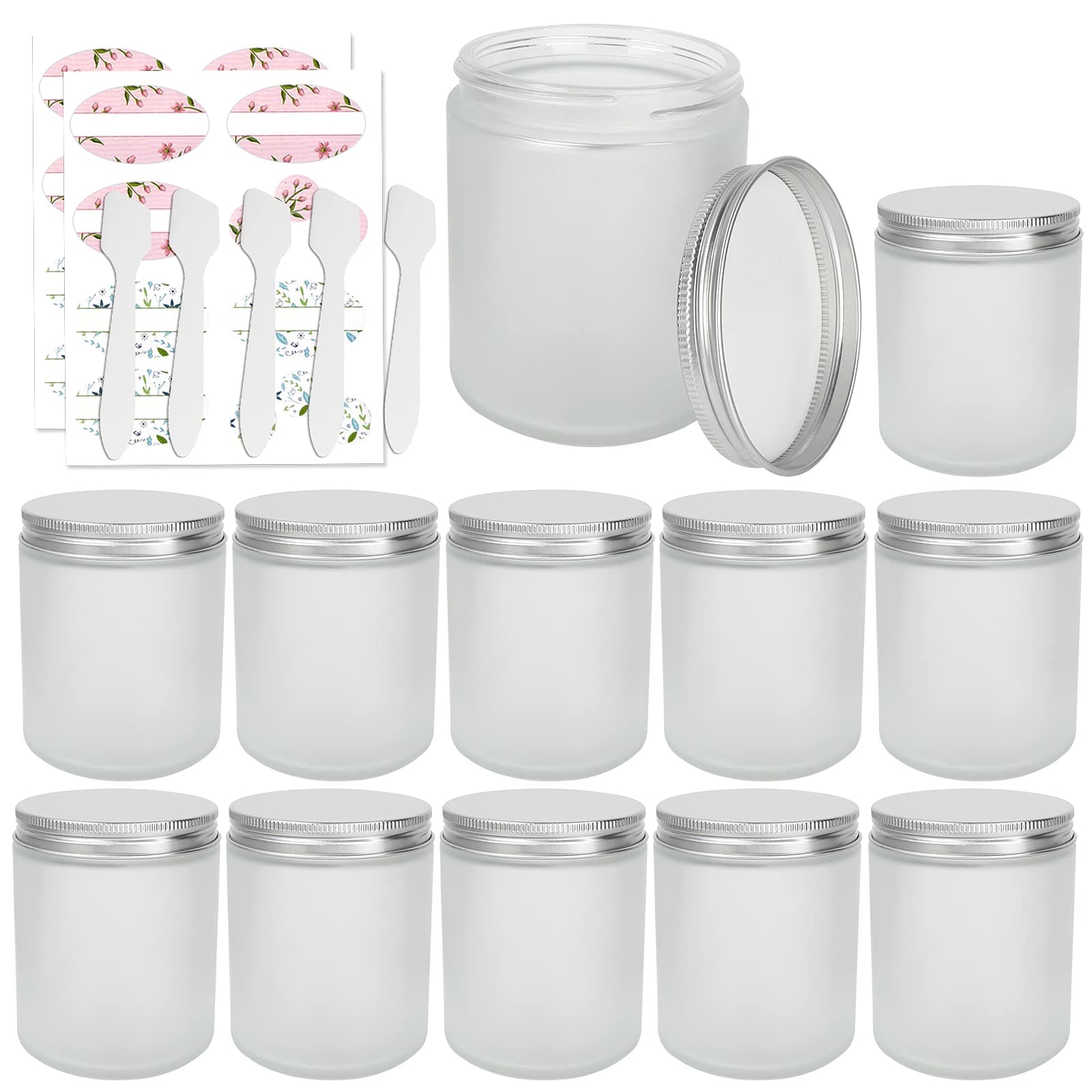 12 Pack 8 oz Round Frosted Glass Jars with Silver Metal Lids, 240ml Matte Clear Empty Candle Jars Cosmetic Jars Food Storage Containers, Canning Jars For Spice,Powder,Liquid,Sample,Face Cream Lotion