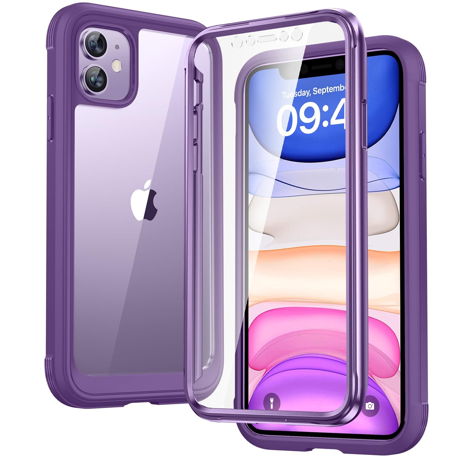 Diaclara Compatible with iPhone 11 Case, Full Body Rugged with Built-in Touch Sensitive Anti-Scratch Screen Protector, Soft TPU Bumper Case Clear Compatible with iPhone 11 6.1" (Purple and Clear)