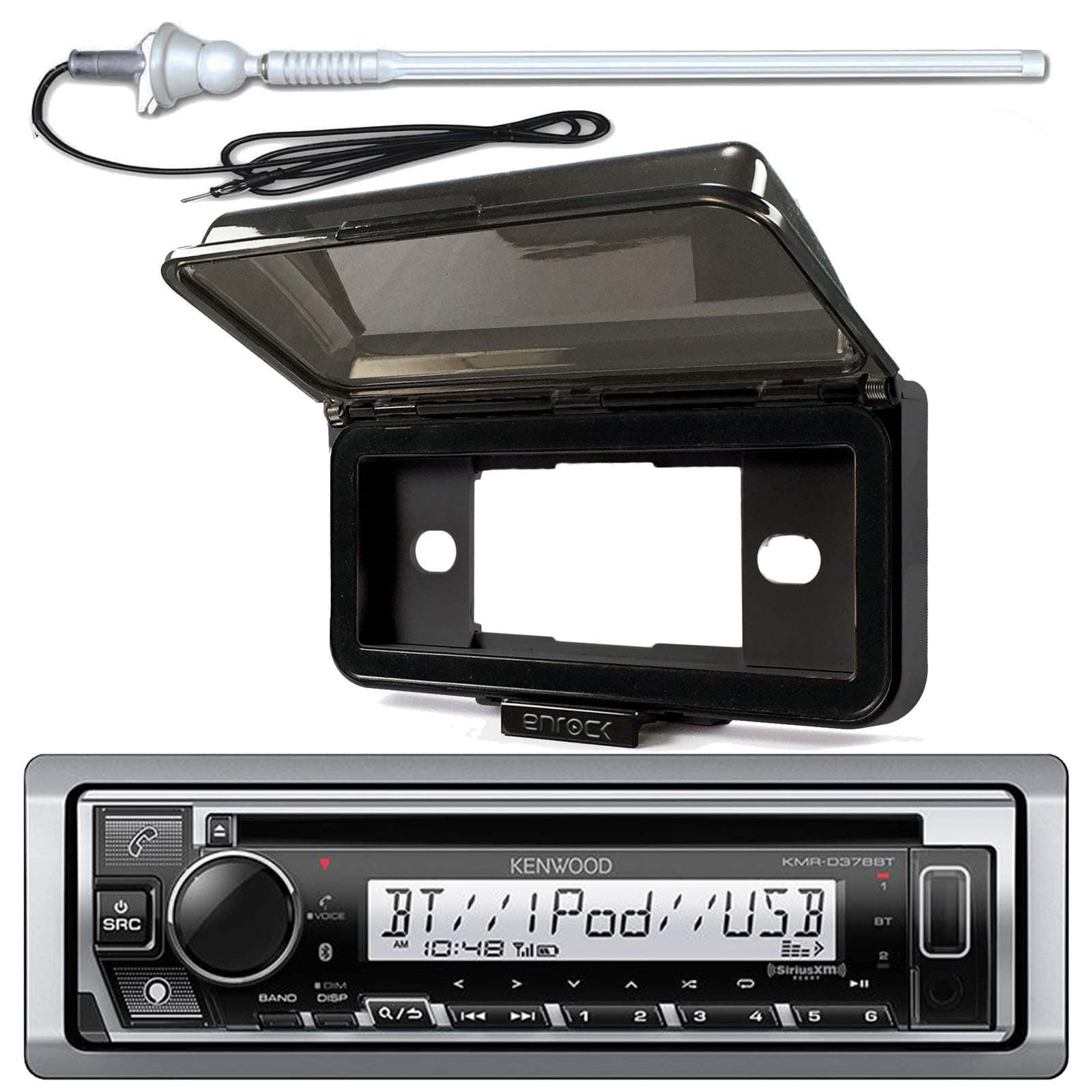 Single DIN Marine Boat Yacht Outdoor In Dash Bluetooth CD Player USB AM/FM Radio Stereo Receiver Bundle Combo With Splashproof Radio Cover, Marine Radio Antenna - Complete Marine Kit (CD Player)