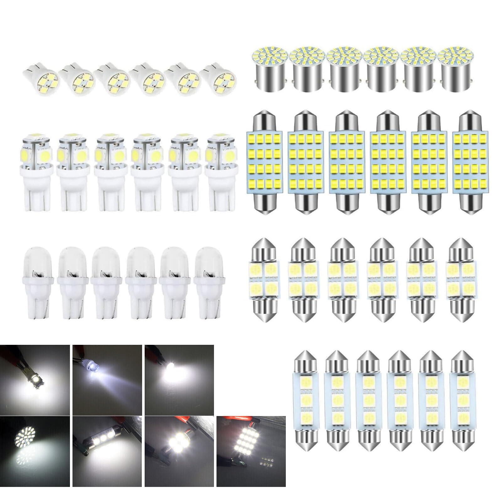 Pack-42 Car LED Interior Lights Combination Set, T10 31mm 36mm 41mm LED Indoor Map Dome Lights Trunk Lights License Lights, Plug and Play Lossless Installation Bulb, Auto Universal (White)