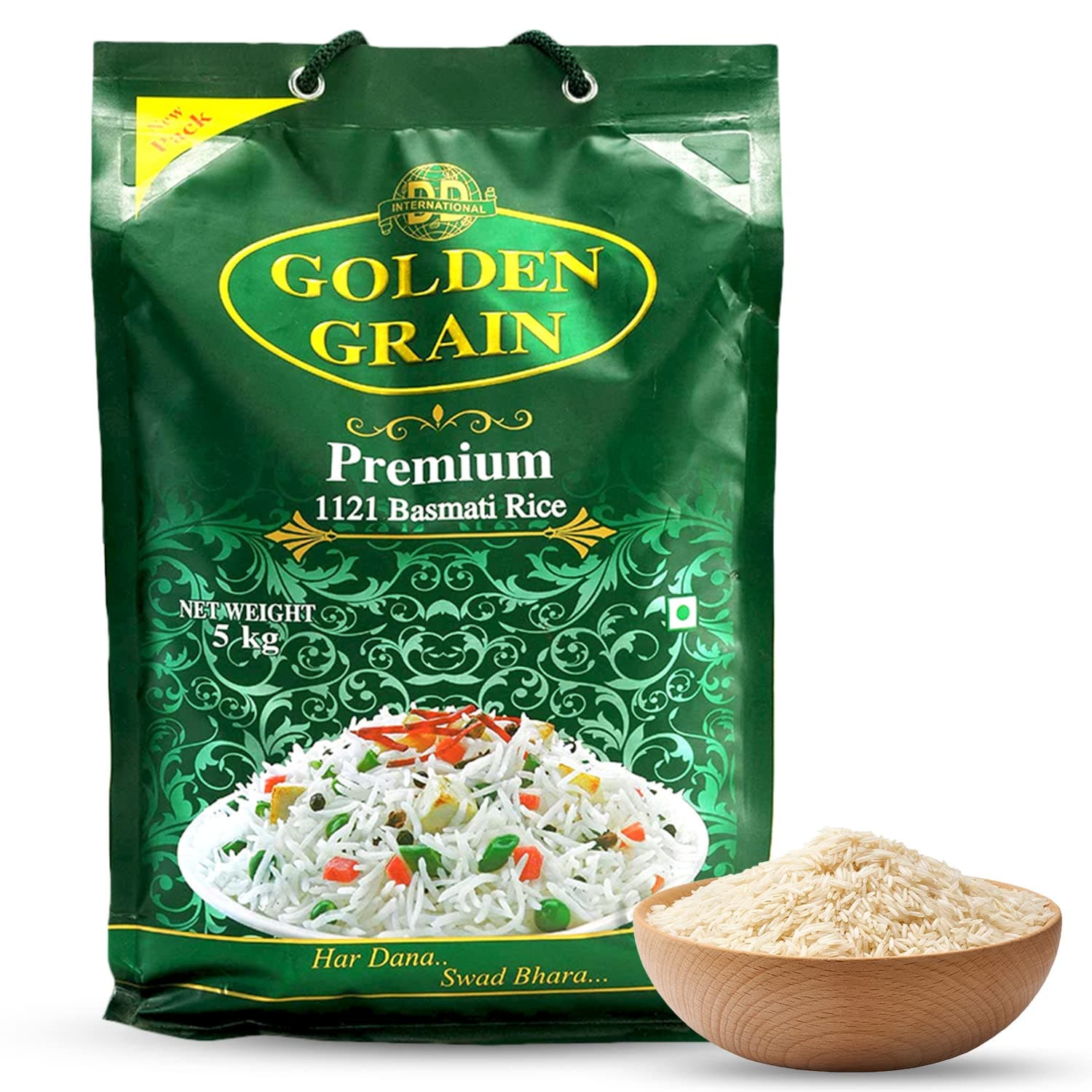 GOLDEN GRAIN Premium Basmati Rice 5Kg | Extra Long Grain 3X with Rich Aroma | Traditional Biryani Rice | Naturally Aged & Non-Sticky | Fluffy Basmati Grains | Perfect Authentic Basmati Rice