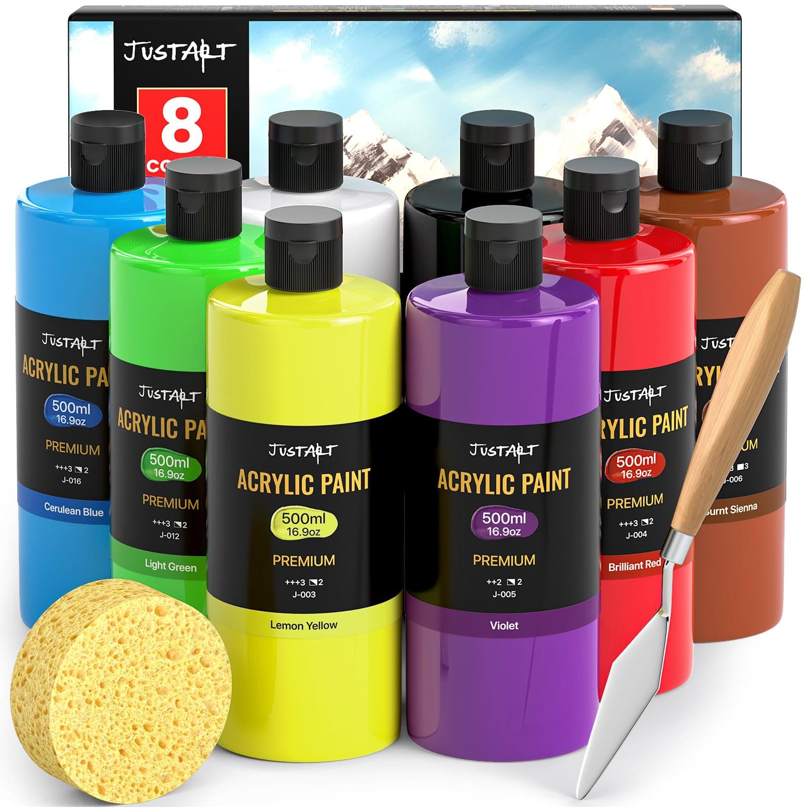 JusArt 8 Colors Acrylic Paint Bottle Set (500ml), Large Bottles Acrylic Paint Kit, Rich Pigmented Bulk Painting Supplies for Artists, Beginners Kids Adults on Rocks Canvas Crafts Wood Ceramic Fabric