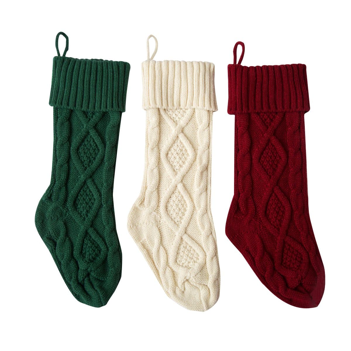 Set of 3, 18'' Classic Solid Color Christmas Knit Stockings, White, Red and Green
