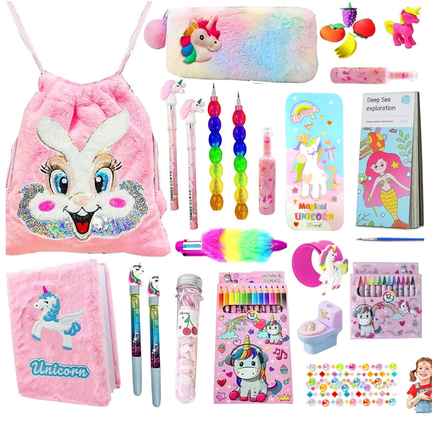 Unicorn Stationery Combo Set – School Bag & Pencil Pouch for Girls | Birthday Gifts & Kanjak Gift Set | Includes Bag, Unicorn Pouch, Fur Diary, Papper soap, Slap Band