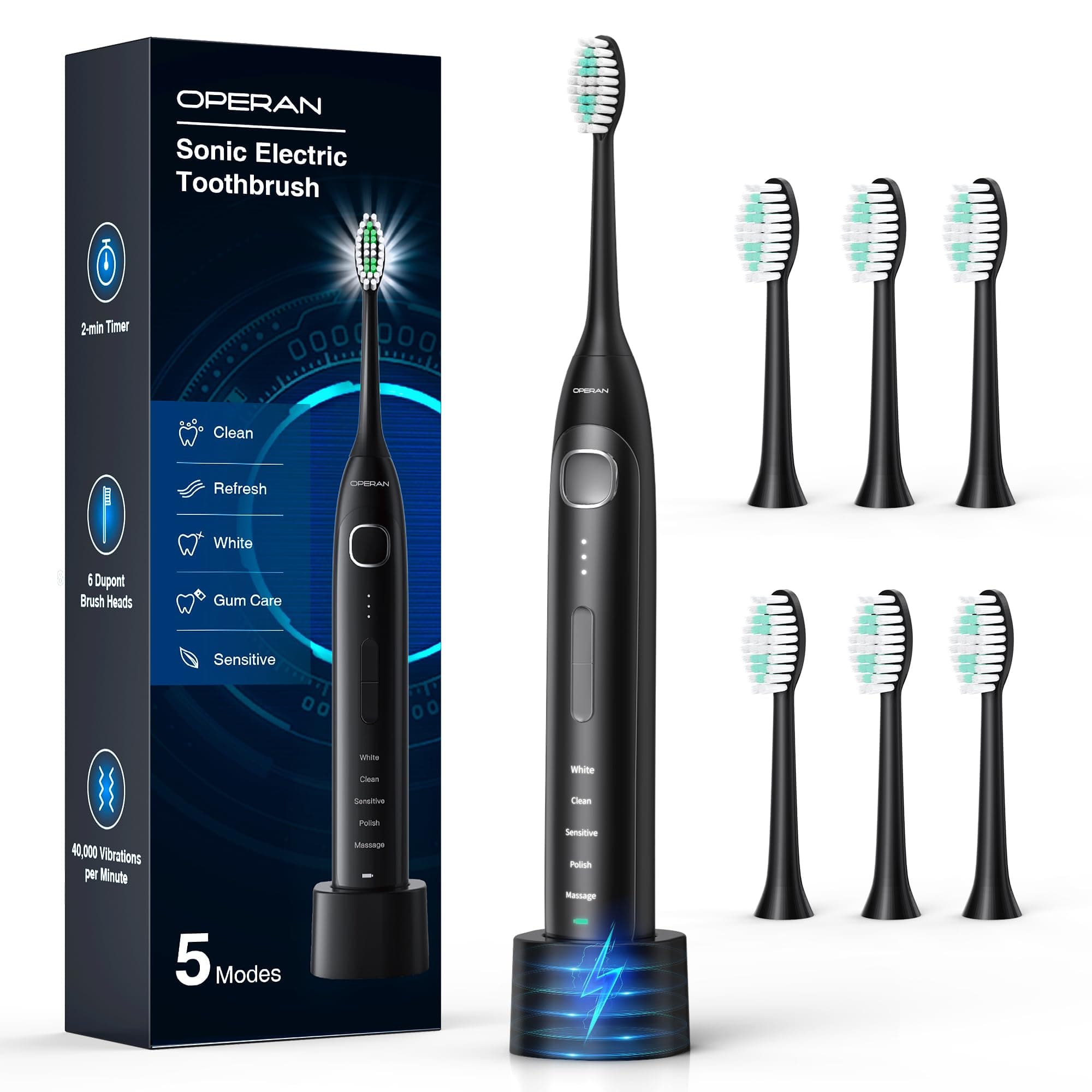 Electric Toothbrush for Adults and Kids Operan High Power Sonic Rechargeable Toothbrush with Smart Timer 5 Modes 6 Brush Heads 40,000 VPM Motor 6 Hours Fast Charge for 100 Days (Black)