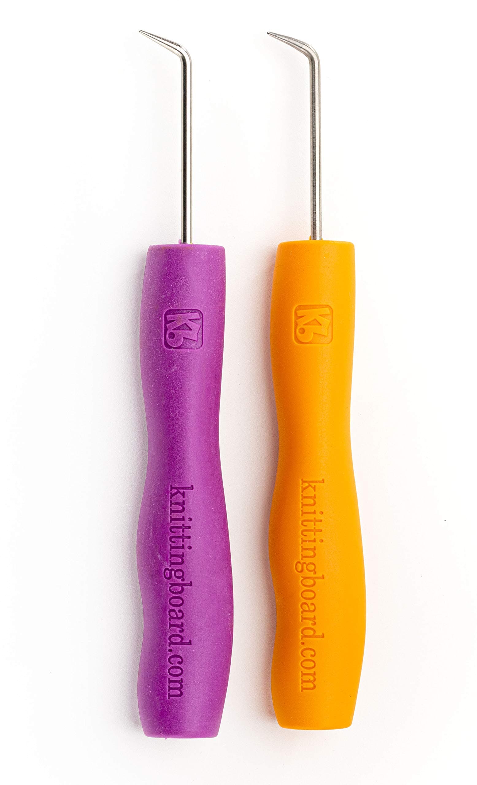 Authentic Knitting Board, Loom Knitting Ergonomic Hook & Tool (2 Pack) Orange and Purple Hooks