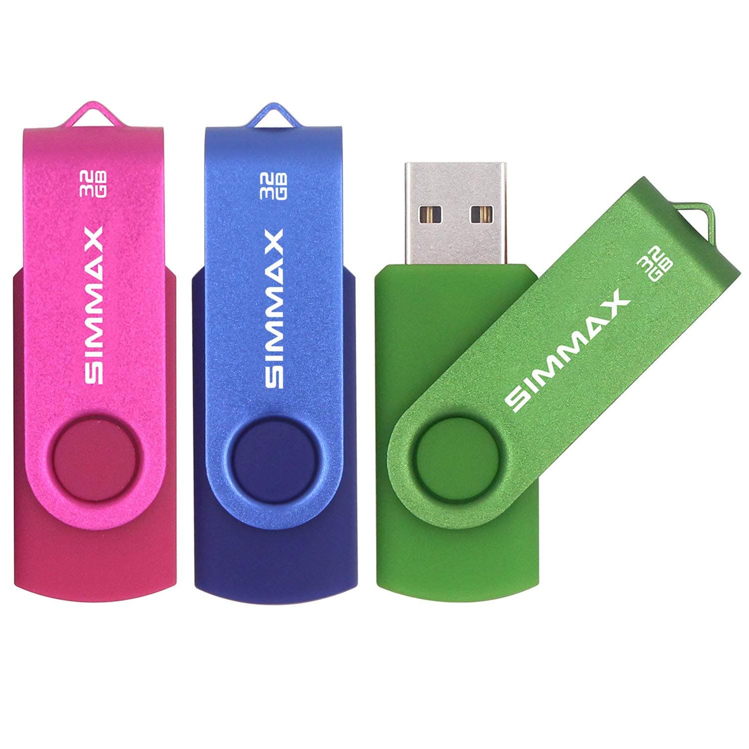 SIMMAX 3 Pack 32GB Memory Stick USB 2.0 Flash Drives Swivel Thumb Drive Pen Drive (32GB Pink Blue Green)