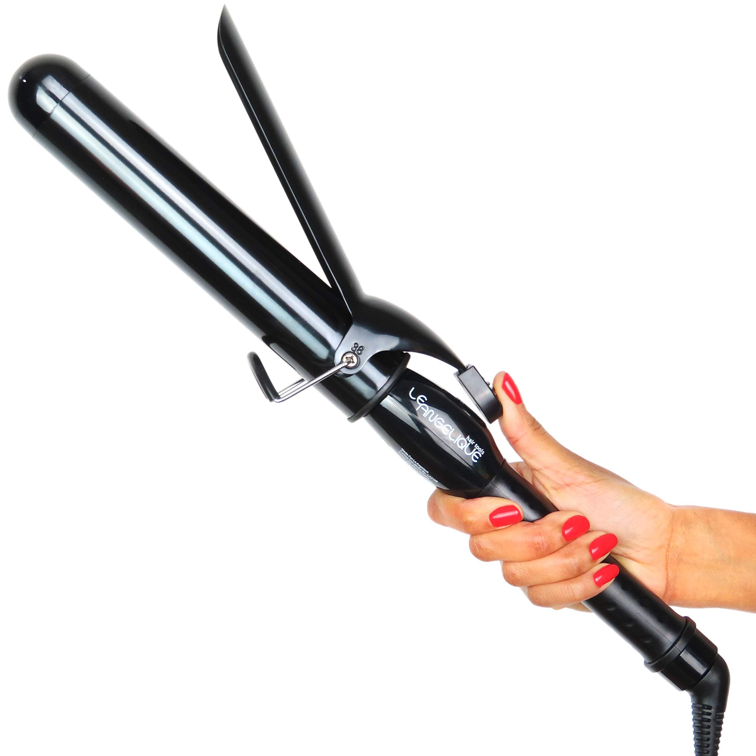 Le Angelique 1 1/2 Inch Curling Iron with Clip - 8" Extra Long Barrel, 400F 360F 320F 285F 250F Temperature Set, Cool Tip, Cooling Stand, Ceramic Coating, Dual Voltage Professional Hair Wand 38mm