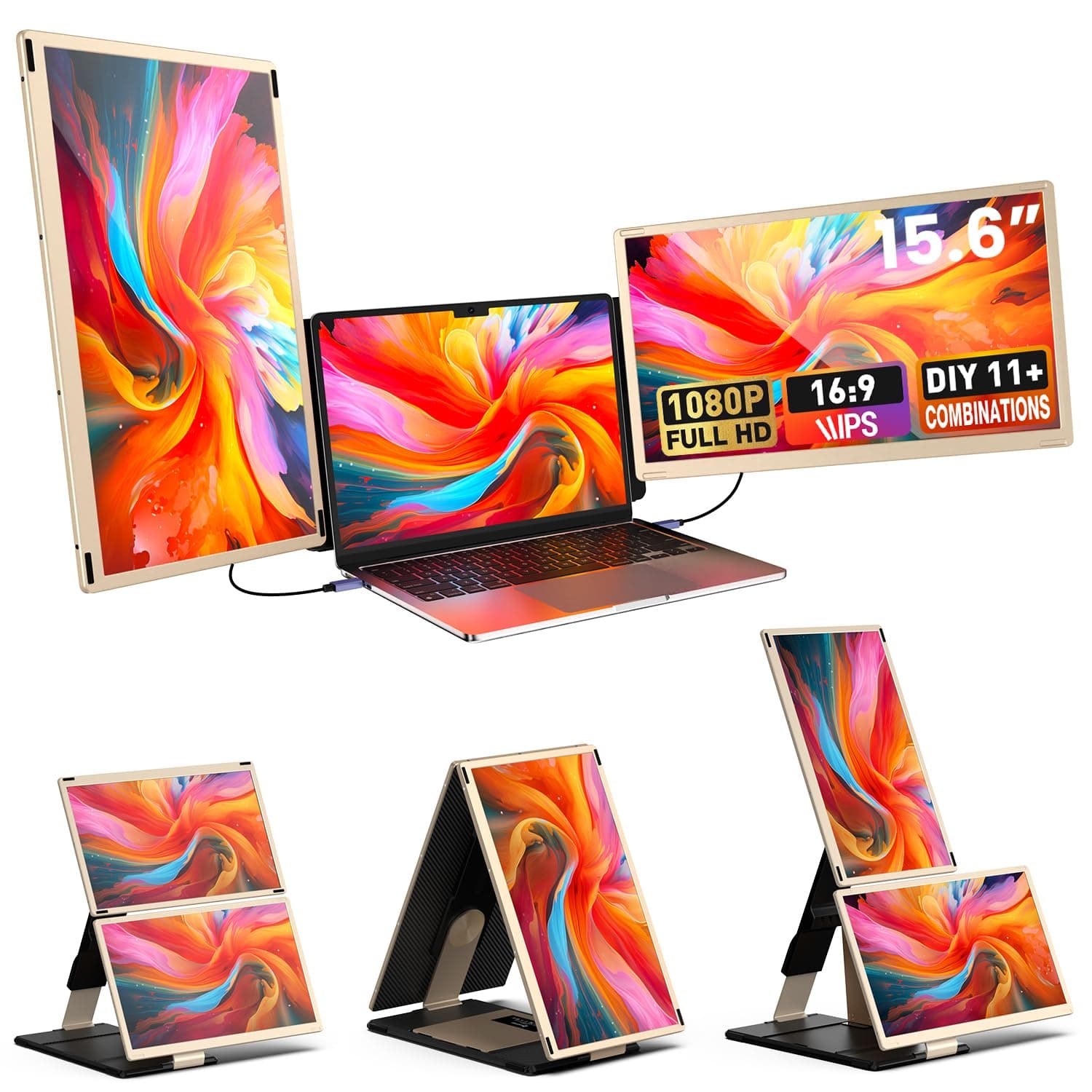 Laptop Extender 15.6-inch, 1080P FHD Portable Monitor with 120% sRGB, 235Rotation Detachable Screen, Plug & Play, Triple Screen Laptop Monitor Extender Compatible with Windows, Mac, Chrome