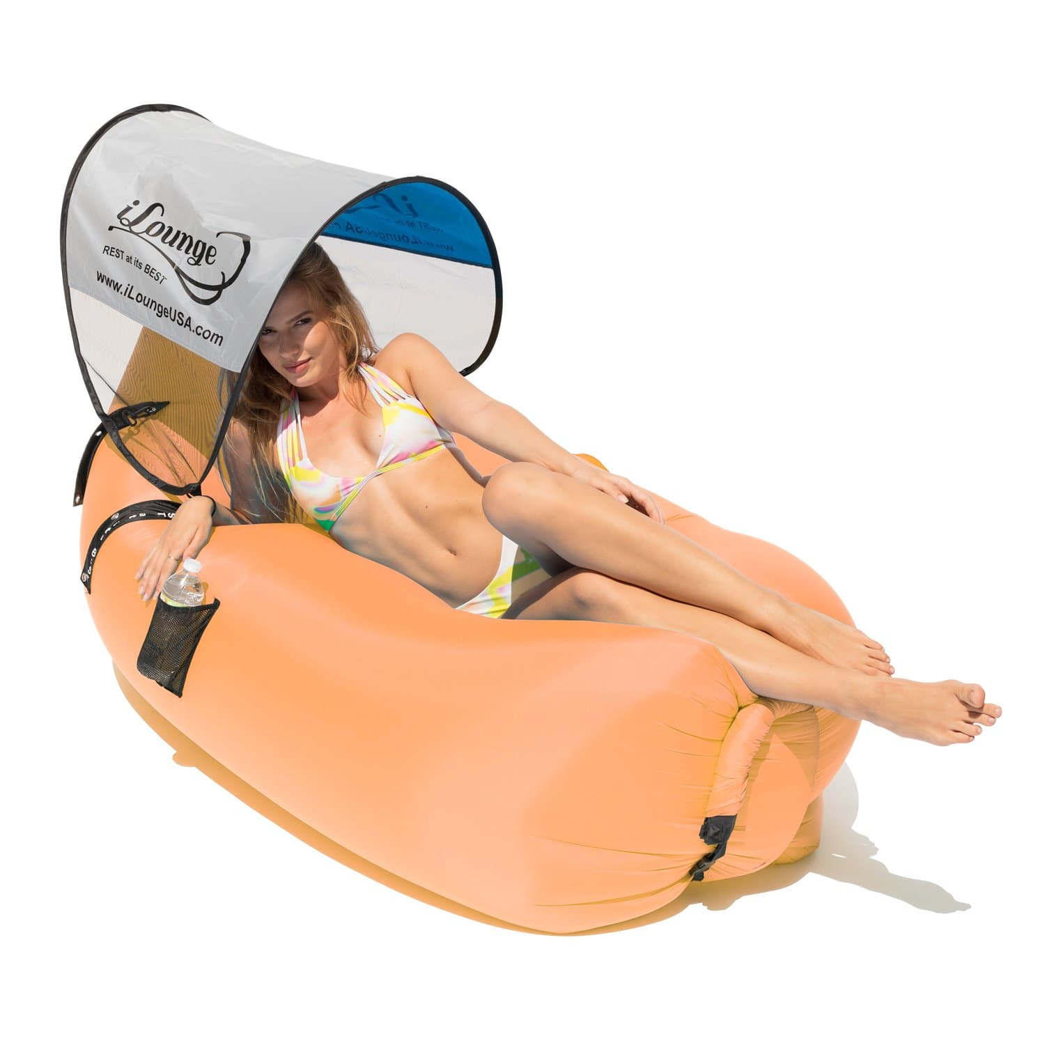 Inflatable Outdoor Lounge Chair, Beach Chair - Waterproof, Portable Sleeper Couch with Mini Canopy, Waterproof Pouch, Bottle Opener & Mesh Side Bag -Peach