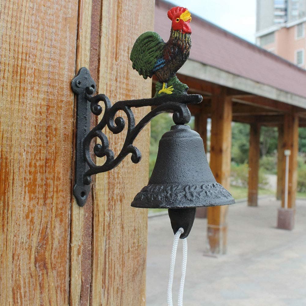 HEMFV Cast Iron Color Rooster Chicken Bell on Rod. for Farm, Ranch, Cabin Decoration, Decorative Doorbell