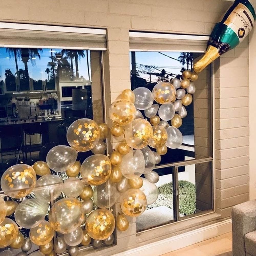 Champagne Bottle Balloon Garland Arch Kit, Happy New Year Years Decorations, Gold Silver Clear Balloons for Birthday Wedding Baby Shower Bachelorette Anniversary Party Decorations