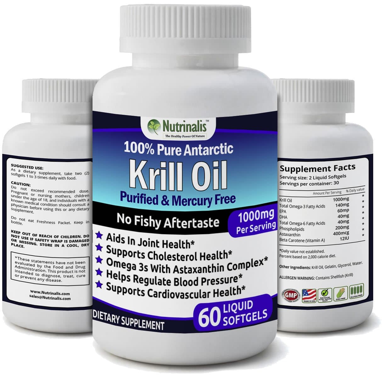 100% Pure Antarctic Krill Oil 1000mg per/Serving with EPA/DHA & Astaxanthin NO Fishy Aftertaste NO Mercury, 120 Softgels (60 Servings)