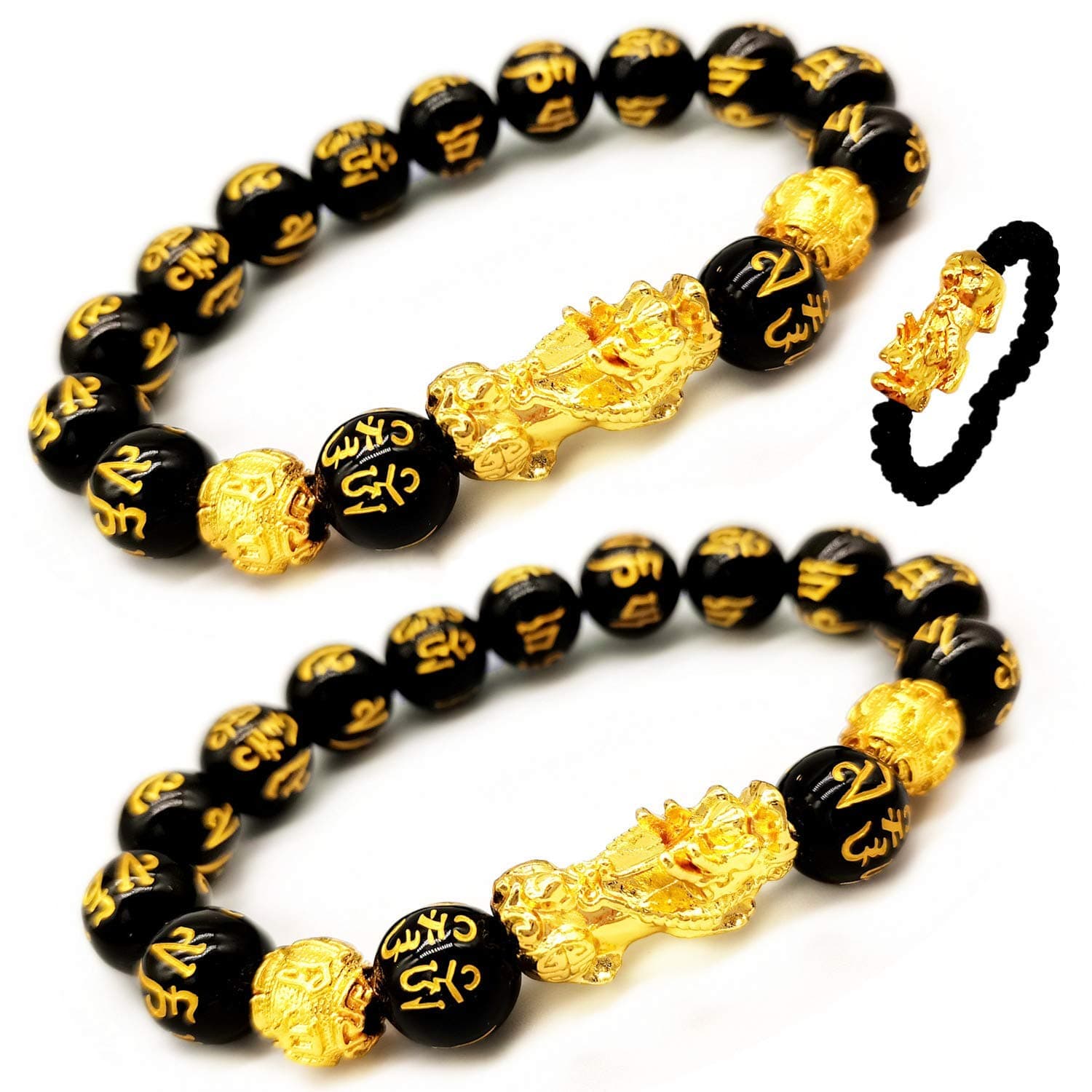 Feng Shui Black Obisidian Wealth Bracelet with Gold Plated Pi Xiu/Pi Yao