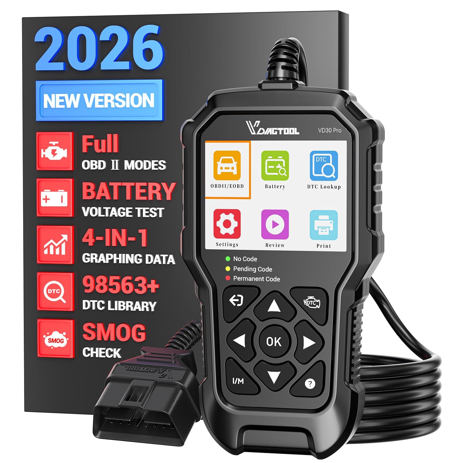 OBD2 Scanner Diagnostic Tool, VD30 Pro Car Code Reader for Cars and Trucks, Check Engine Code Reader, OBD2 Scanner with Reset, Live Data, Freeze Frame, I/M Readiness for All OBDII Vehicles