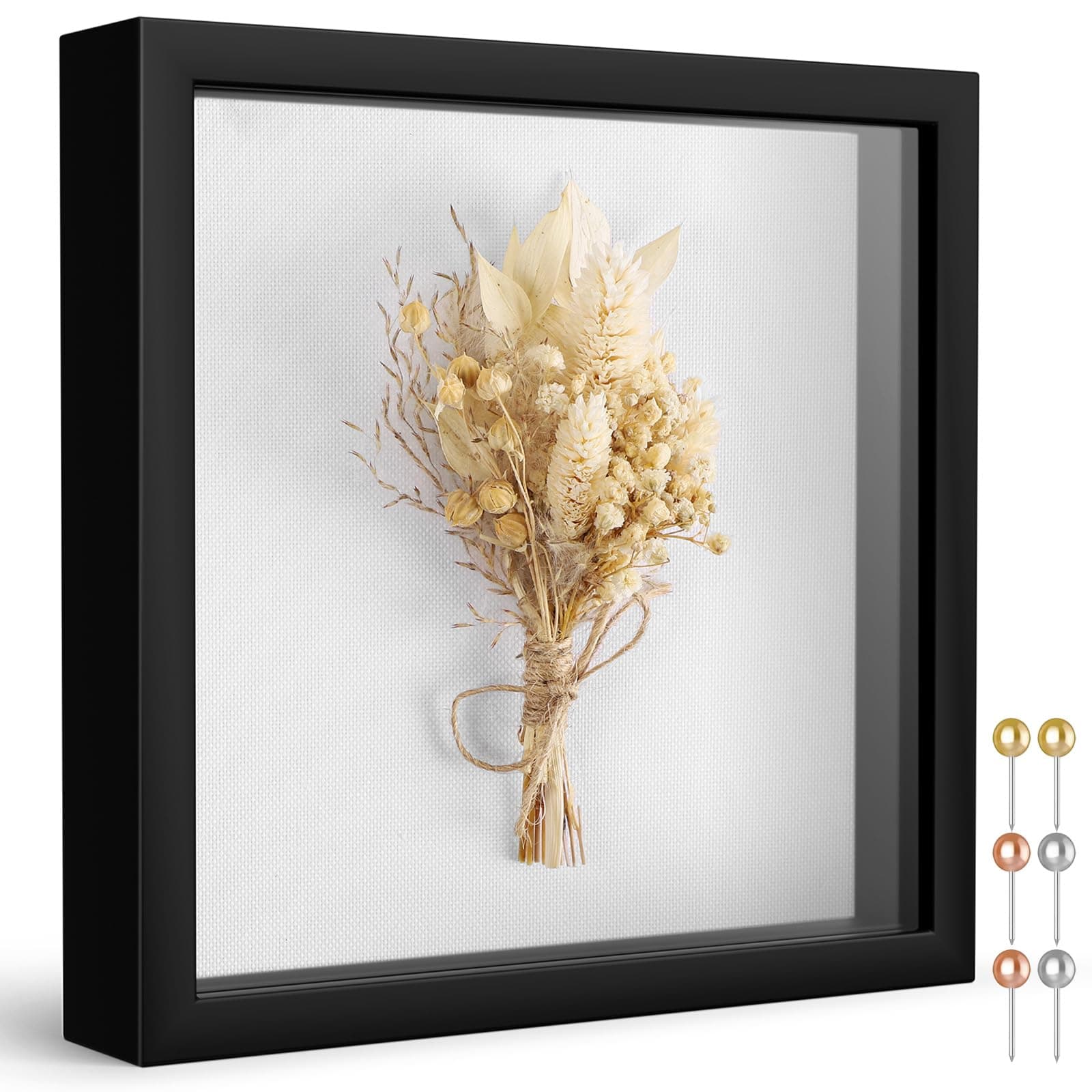 8x8 Shadow Box Frame with Soft Linen Back - Push Pins Included, Memory Box Display Case for Flower, Tickets and 3D Items, Black