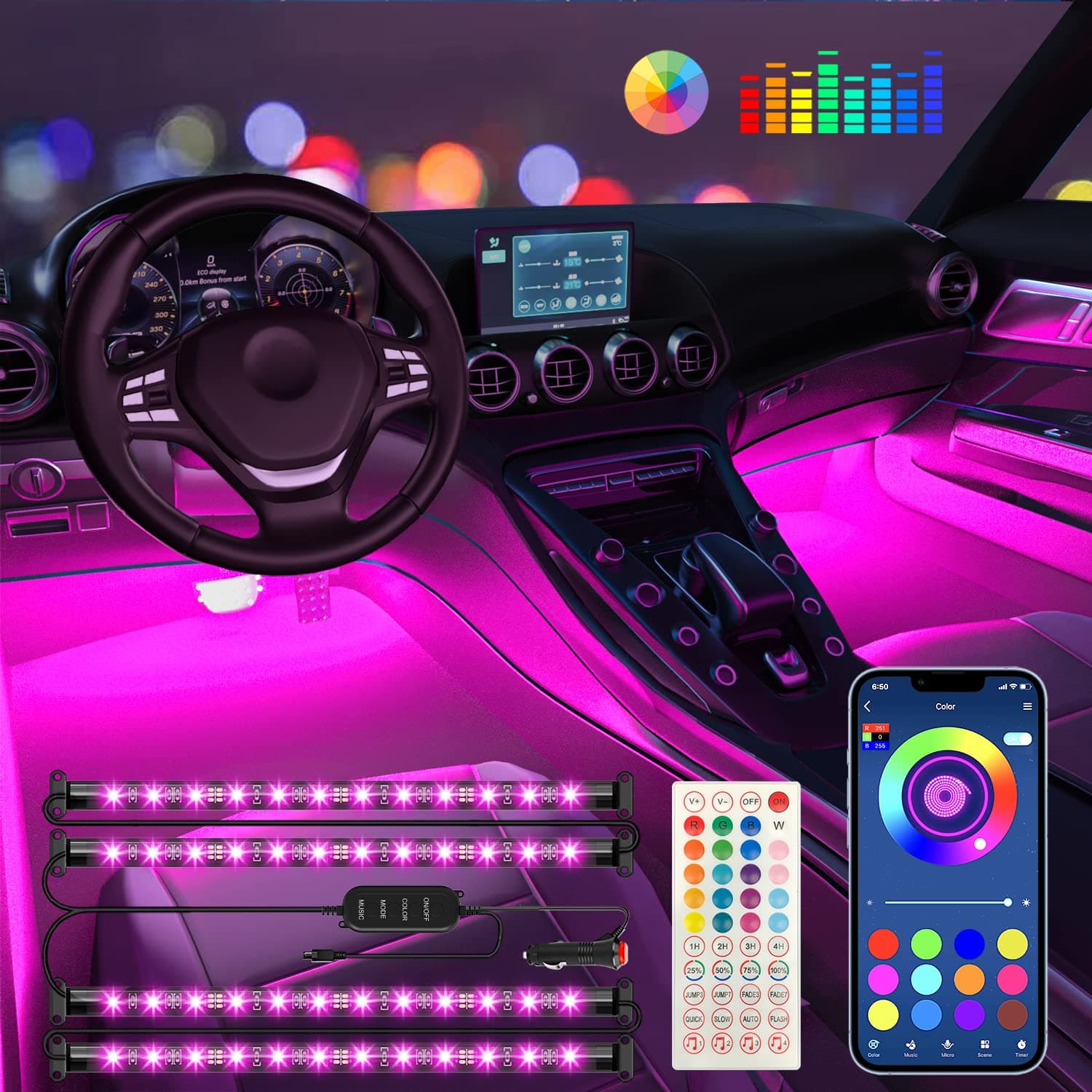 Keepsmile Interior Car Lights Car Accessories Car Led Lights APP Control with Remote Music Sync Color Change RGB Under Dash Car Lighting with Car Charger,12V 2A LED Lights for Car