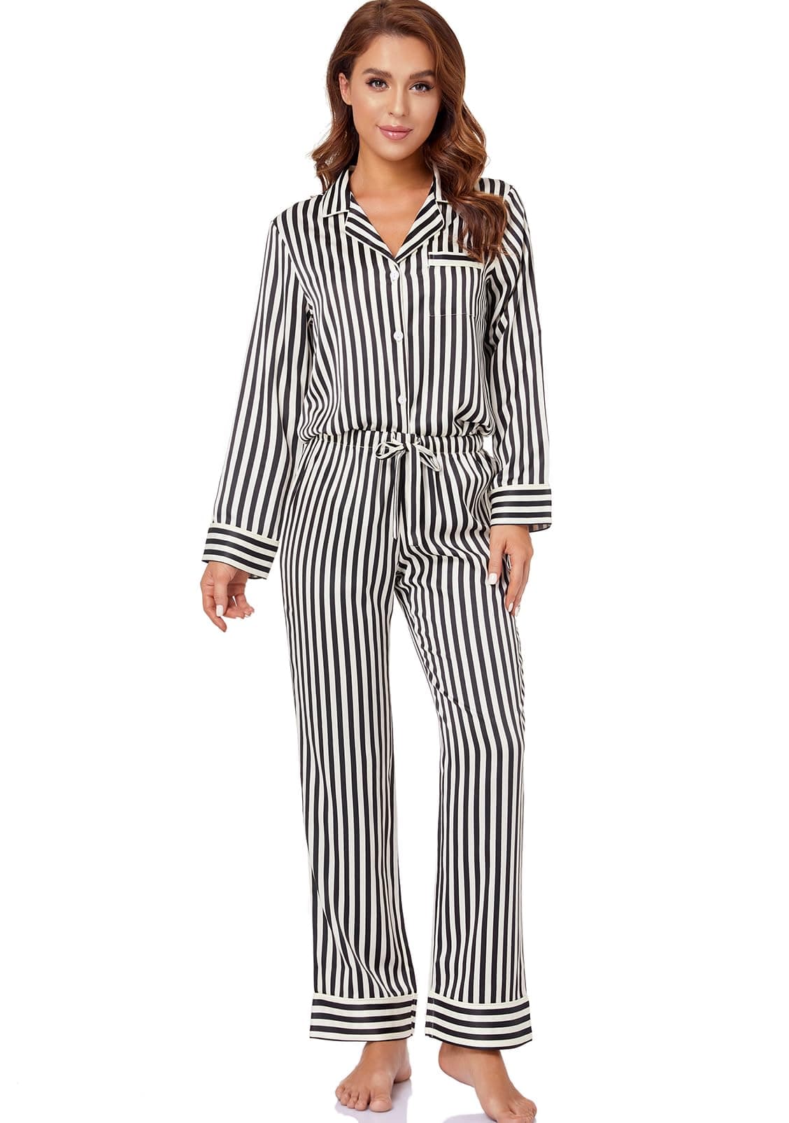 Women's Satin Pajama Set Long Sleeve Button Down Sleepwear 2-Piece Silky Pj Set