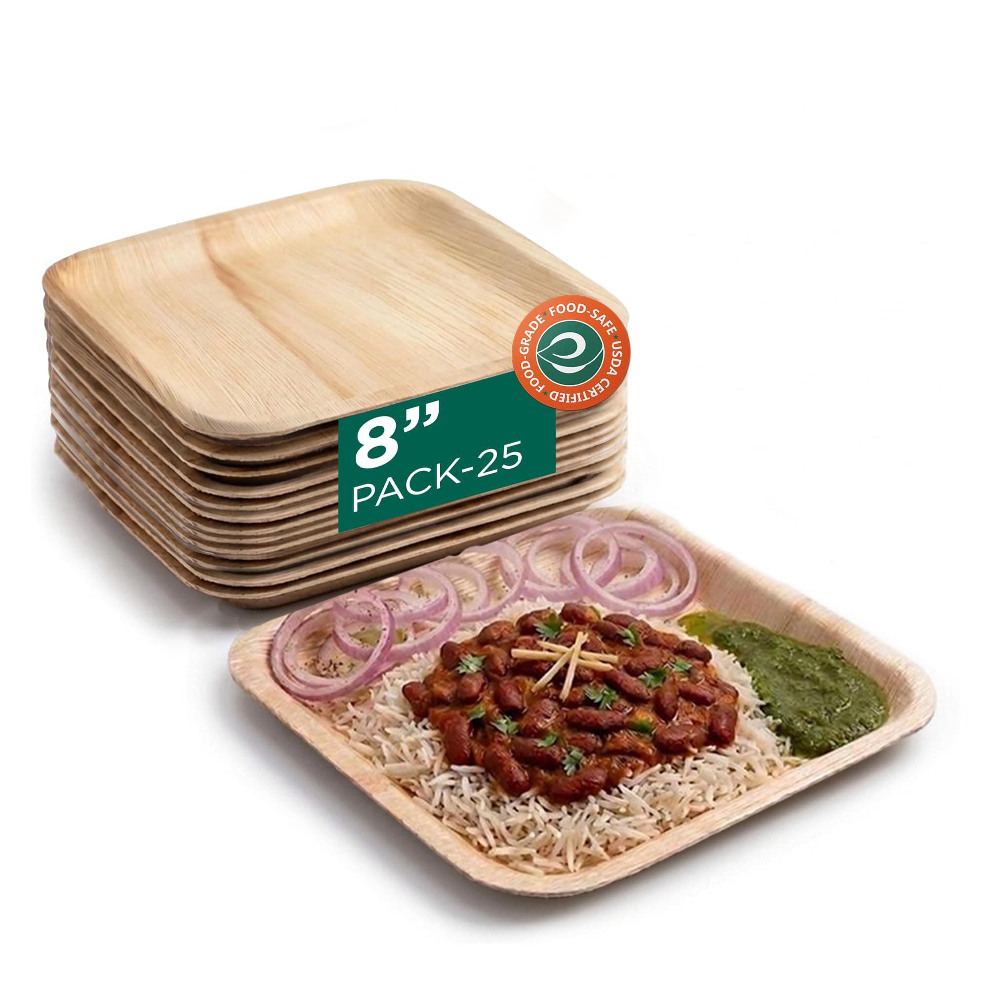 ECO SOUL [8 inch, 25-Pack Areca Palm Leaf Square Plates | Disposable Eco-Friendly Biodegradable Like Bamboo Wood Plates | Party, Wedding, Event Plates (20 cm)