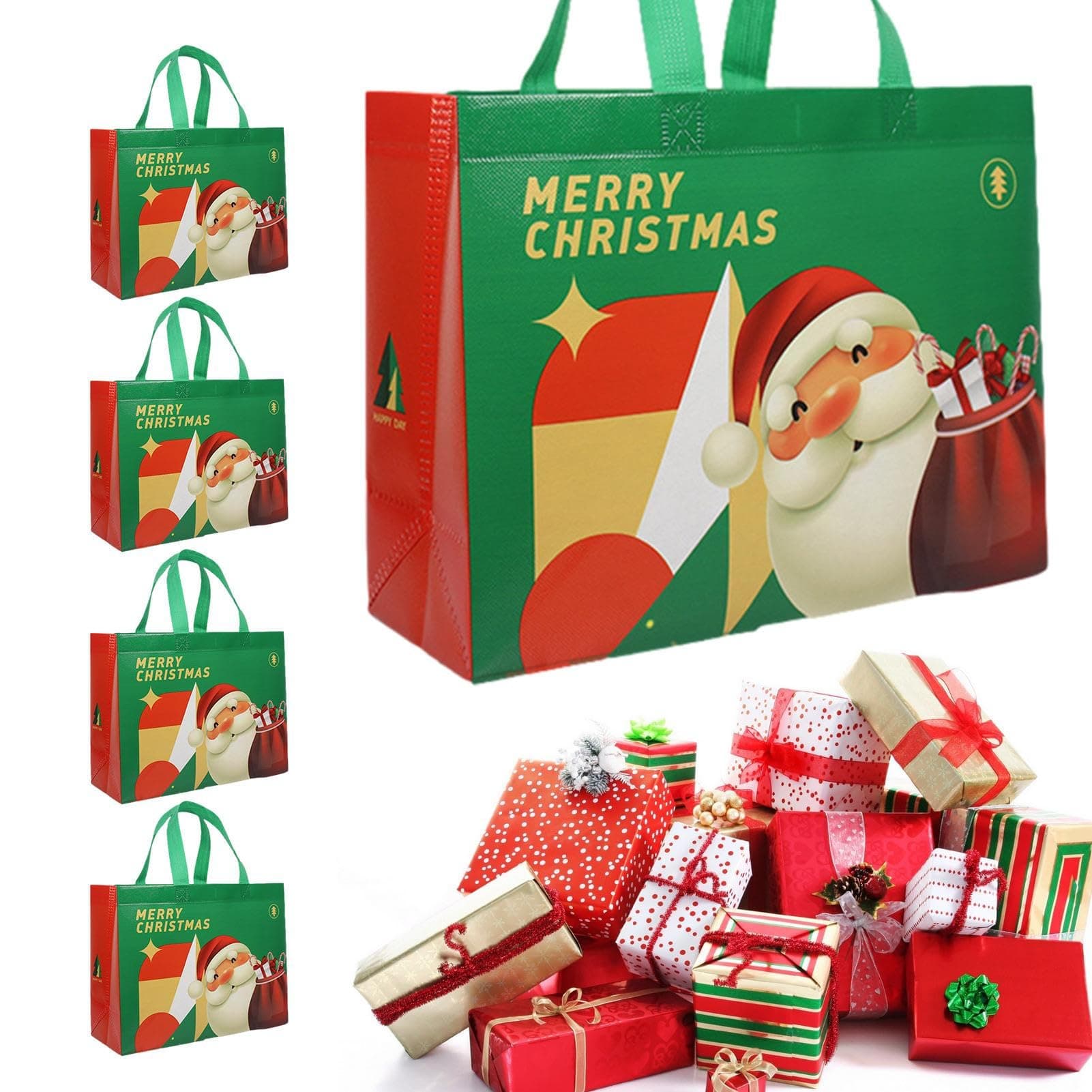Reusable Christmas Gift Bags - 5 Pcs Christmas Tote Bag Handbag With Handles | Christmas Goody Bags, Portable Reusable Treat Bags For Gifts Wrapping, Travel And Holiday Shopping Soptec