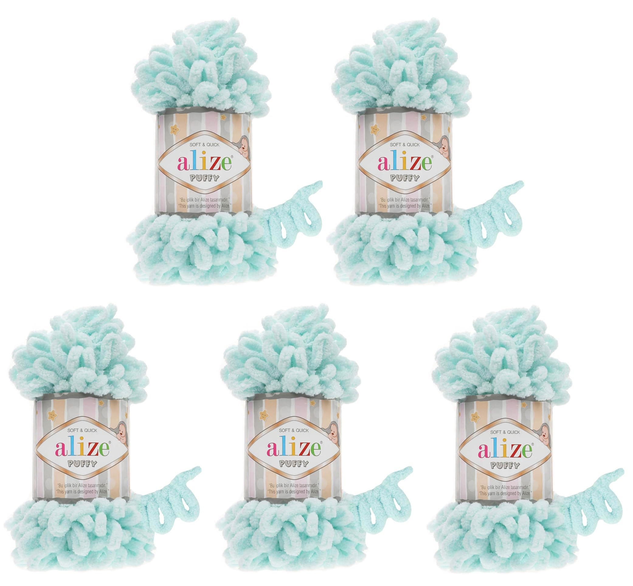 Alize Puffy 5 x 100 g wool, 500 g of yarn for finger knitting, extra bulky wool with loops for knitting without using needles Mint 15