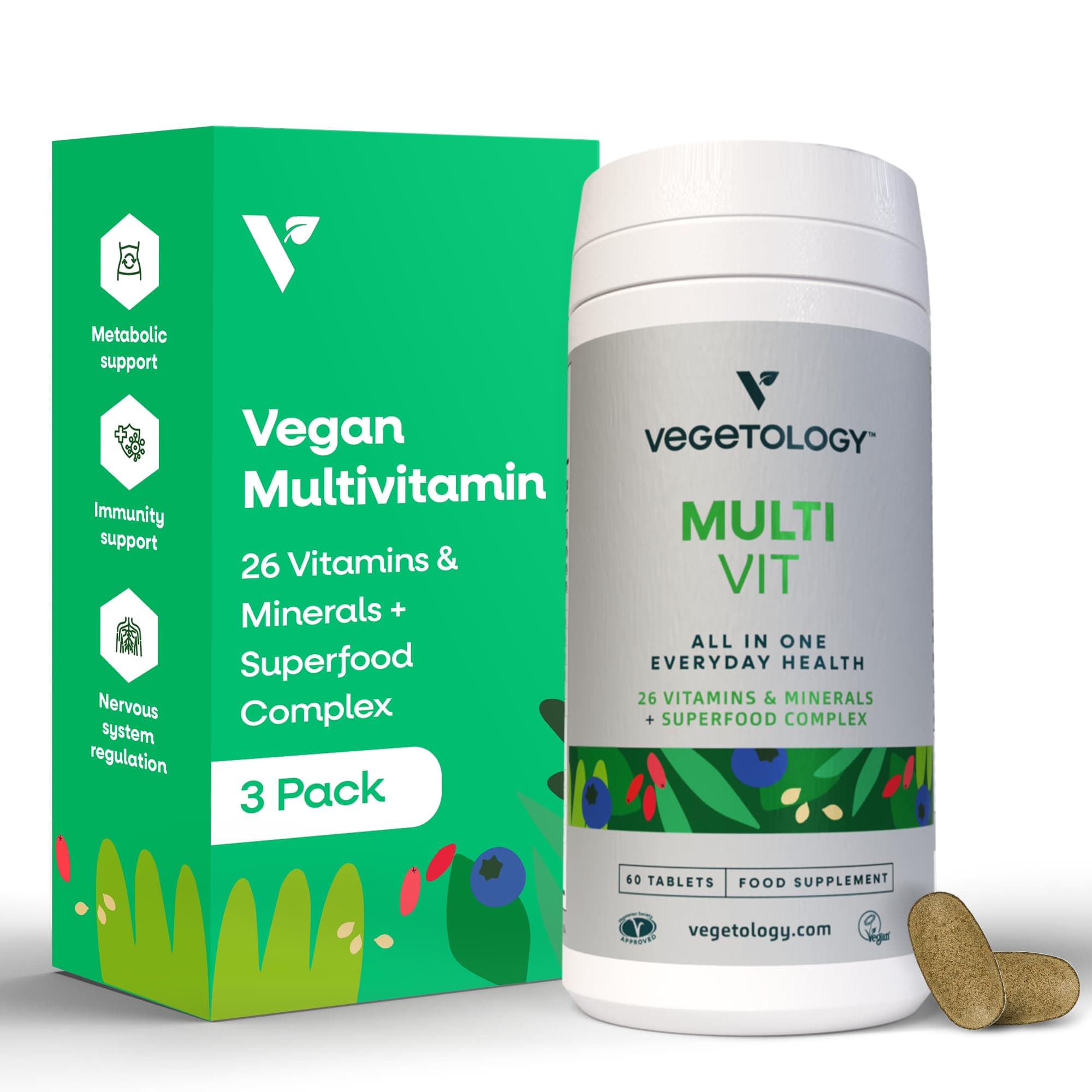 VEGETOLOGY MultiVitamin Supplement, Vegan Multivitamins, 26 Vitamin & Minerals for Metabolic & Immune Support – Multivitamin for Women & Men (3 Pack)