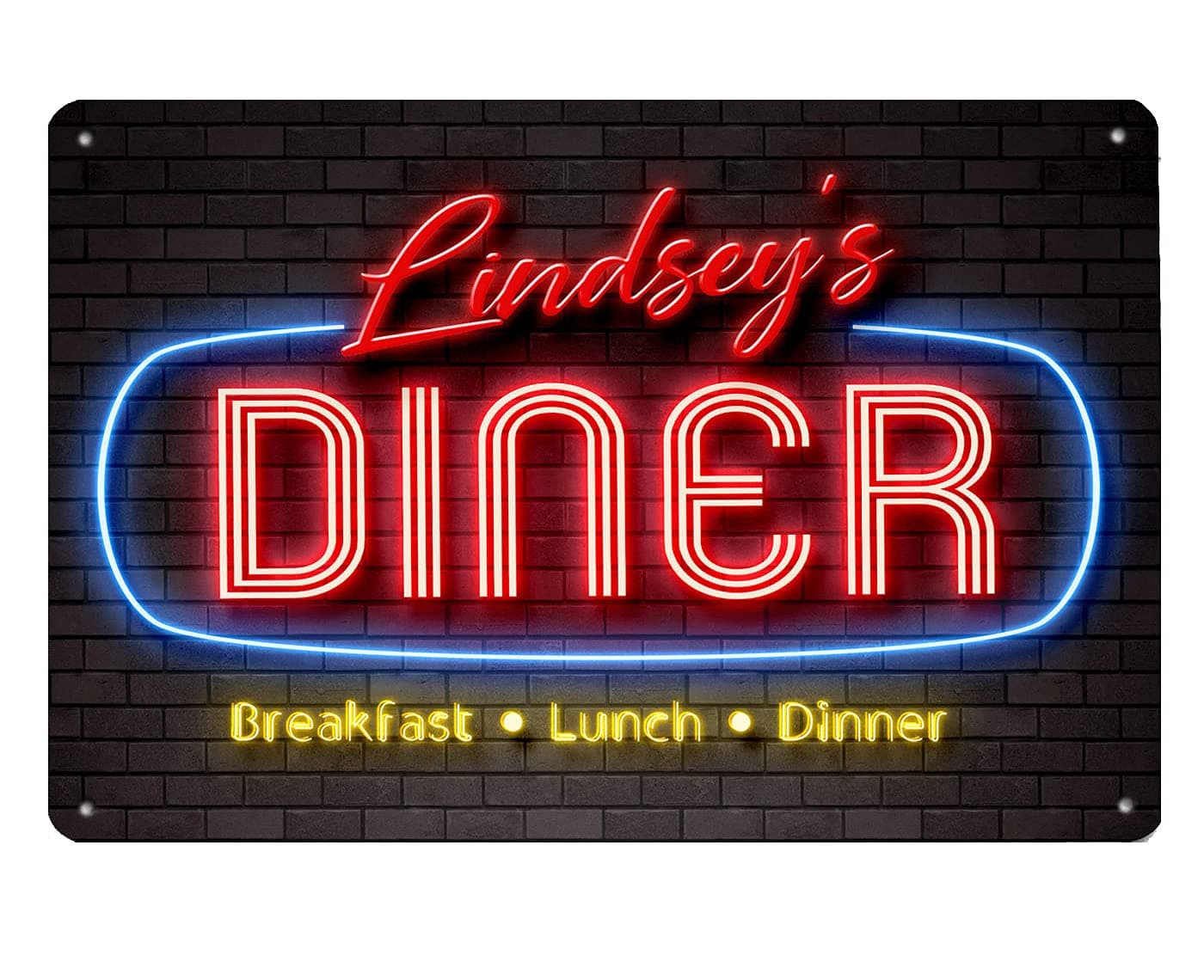 Personalised Diner Sign, american neon style, kitchen A4 metal Sign