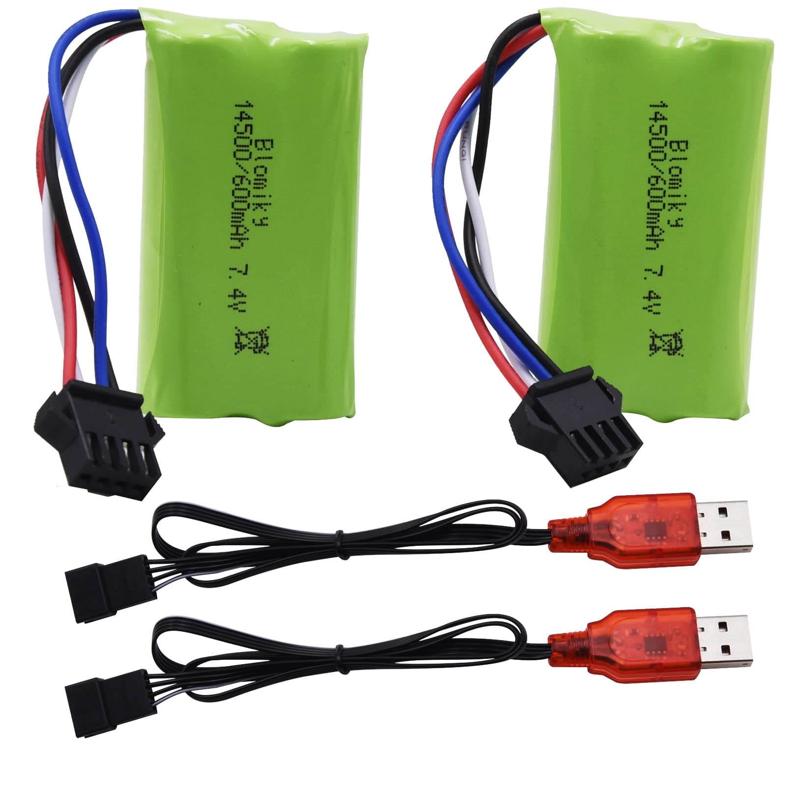 Blomiky 2 Pack 7.4V 2S 600mAh Li-ion Rechargerable Battery with SM-4P Plug and Charger Cable for RC Gel Blaster Toy JF-71A Battery 2