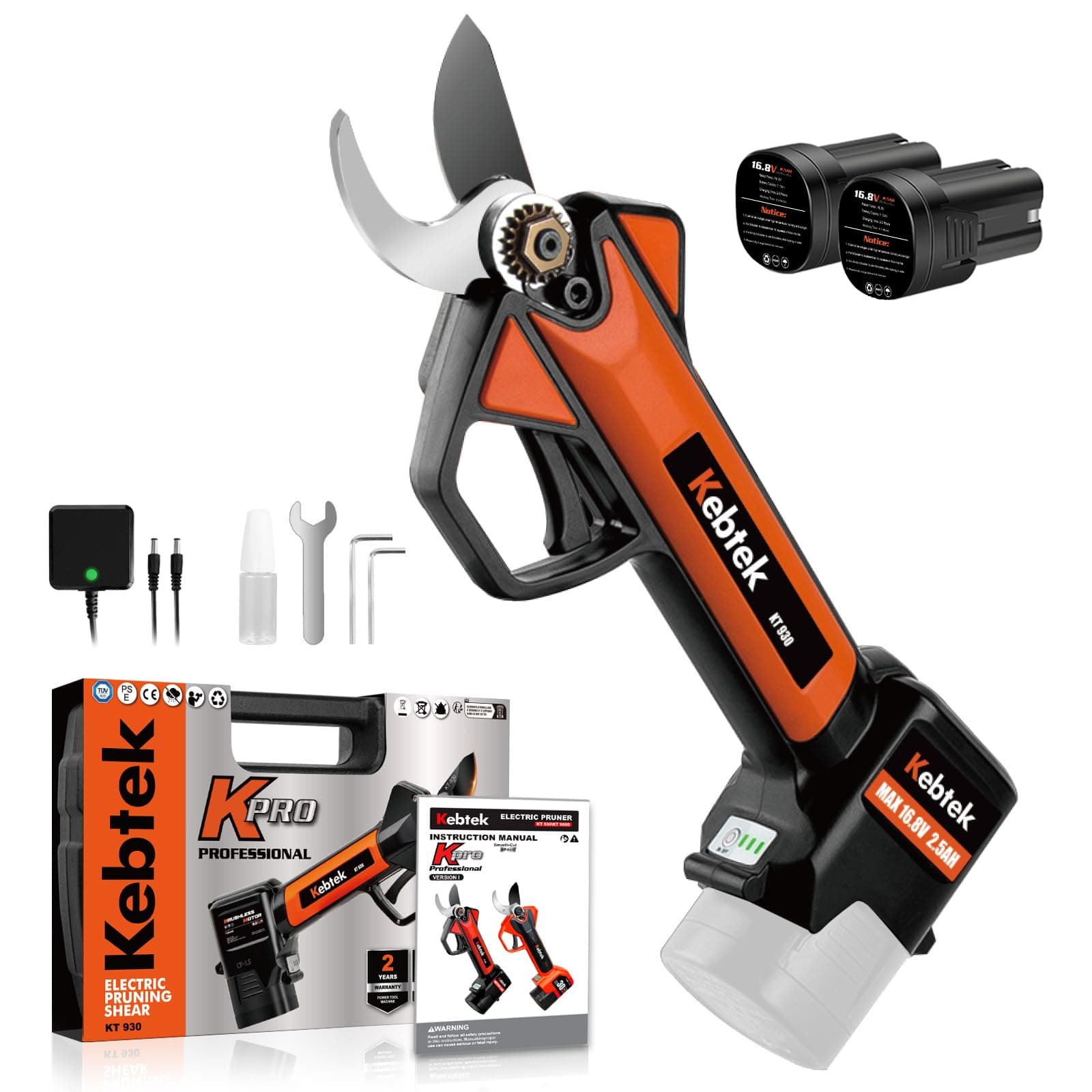 Electric Pruning Shears, Kebtek Cordless Electric Pruner Heavy Duty Electric Branch Cutter Brushless Motor with 2PCS 2500mAh 8-10H Working Time, 30mm (1.18 Inch) Cutting Diameter (KT930) Smooth-CUT