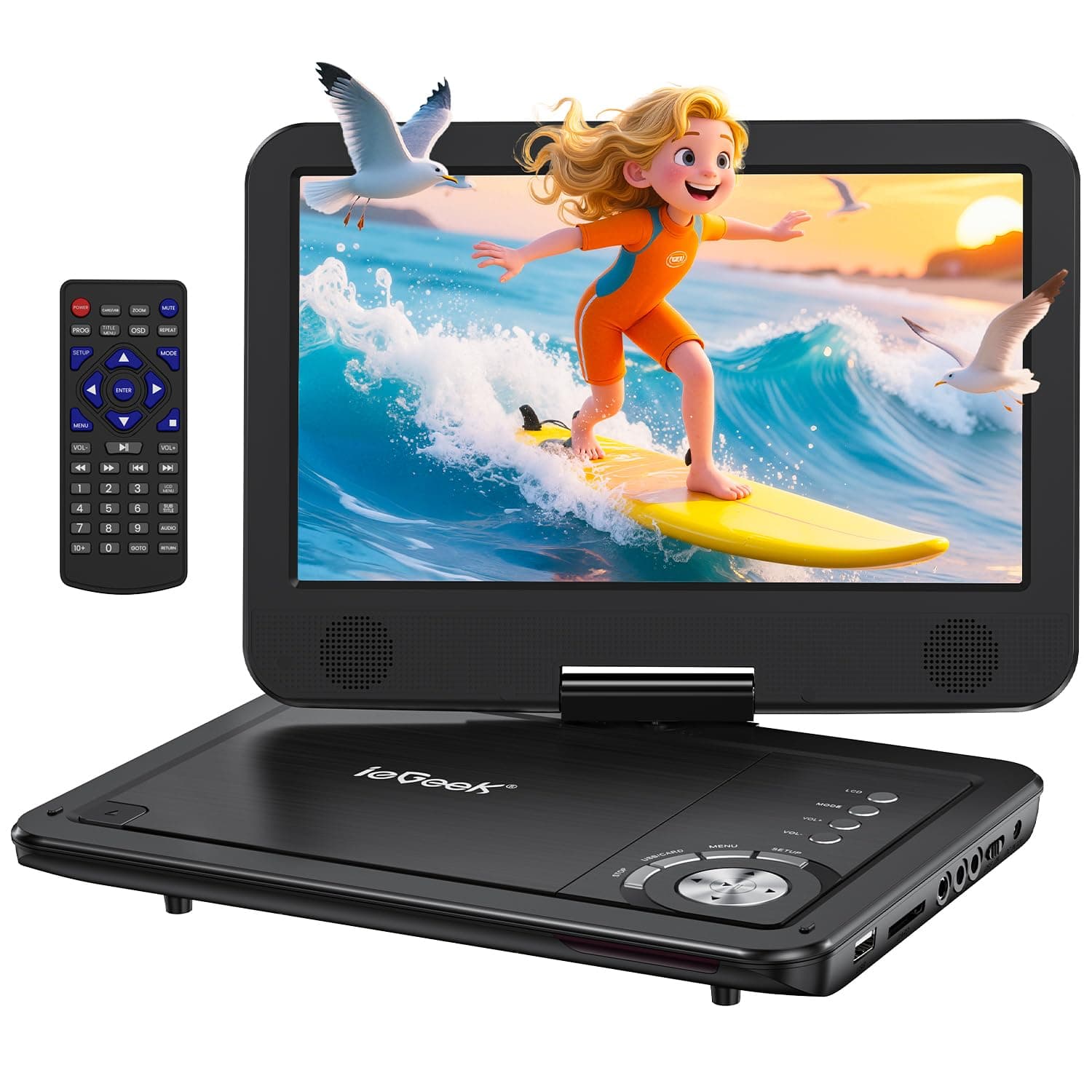 ieGeek 12.5" Portable DVD Player, Car Travel DVD Players with 5 Hrs Rechargeable Battery, Region-Free Video Player with HD Swivel Screen for Kids Elderly, Remote Control, Sync TV, USB & SD, Black