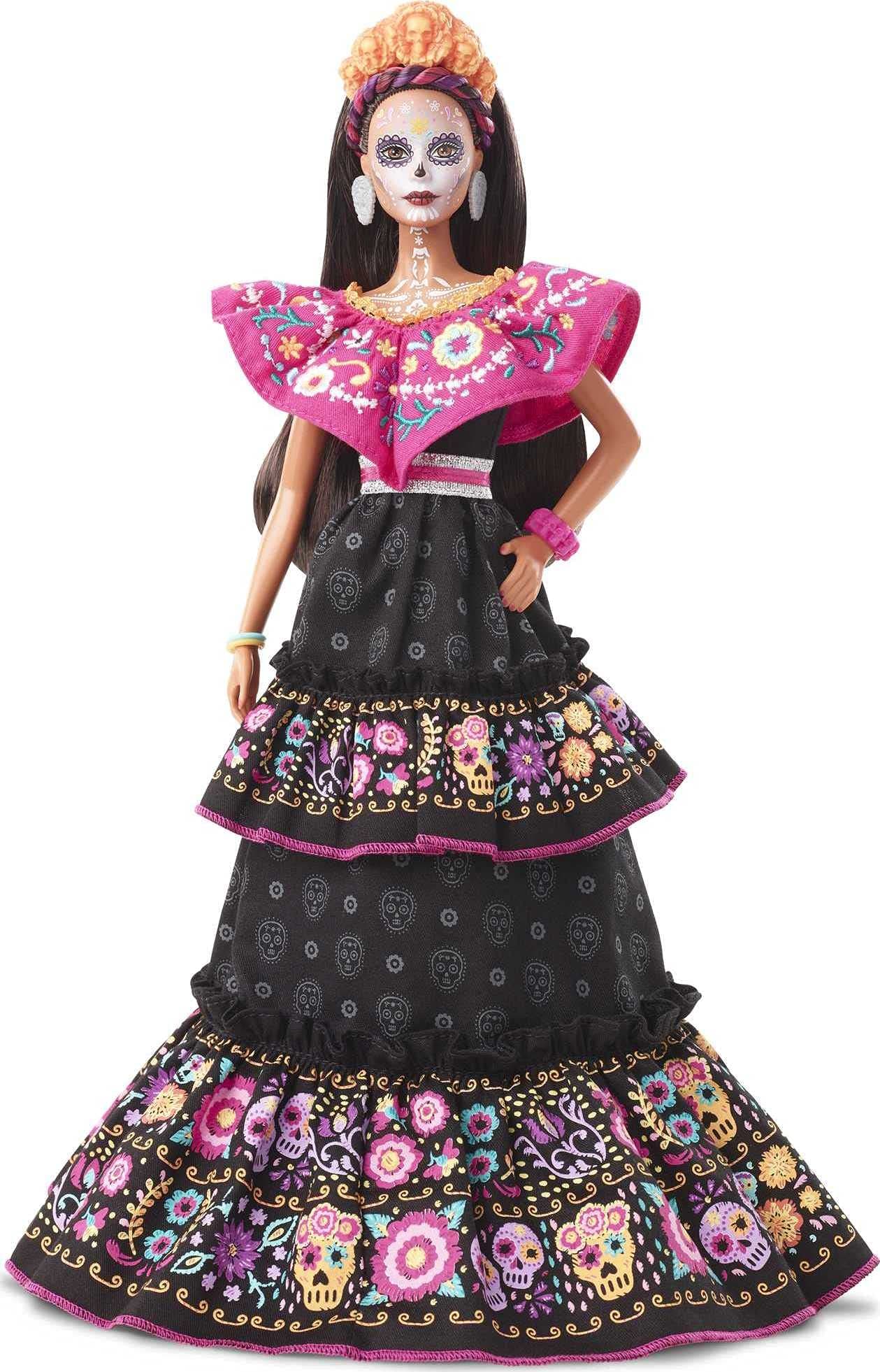 2021 Dia De Muertos Doll (11.5-in) Wearing Traditional Embroidered Dress, Flower Crown & Calavera Face Paint, Gift for Collectors