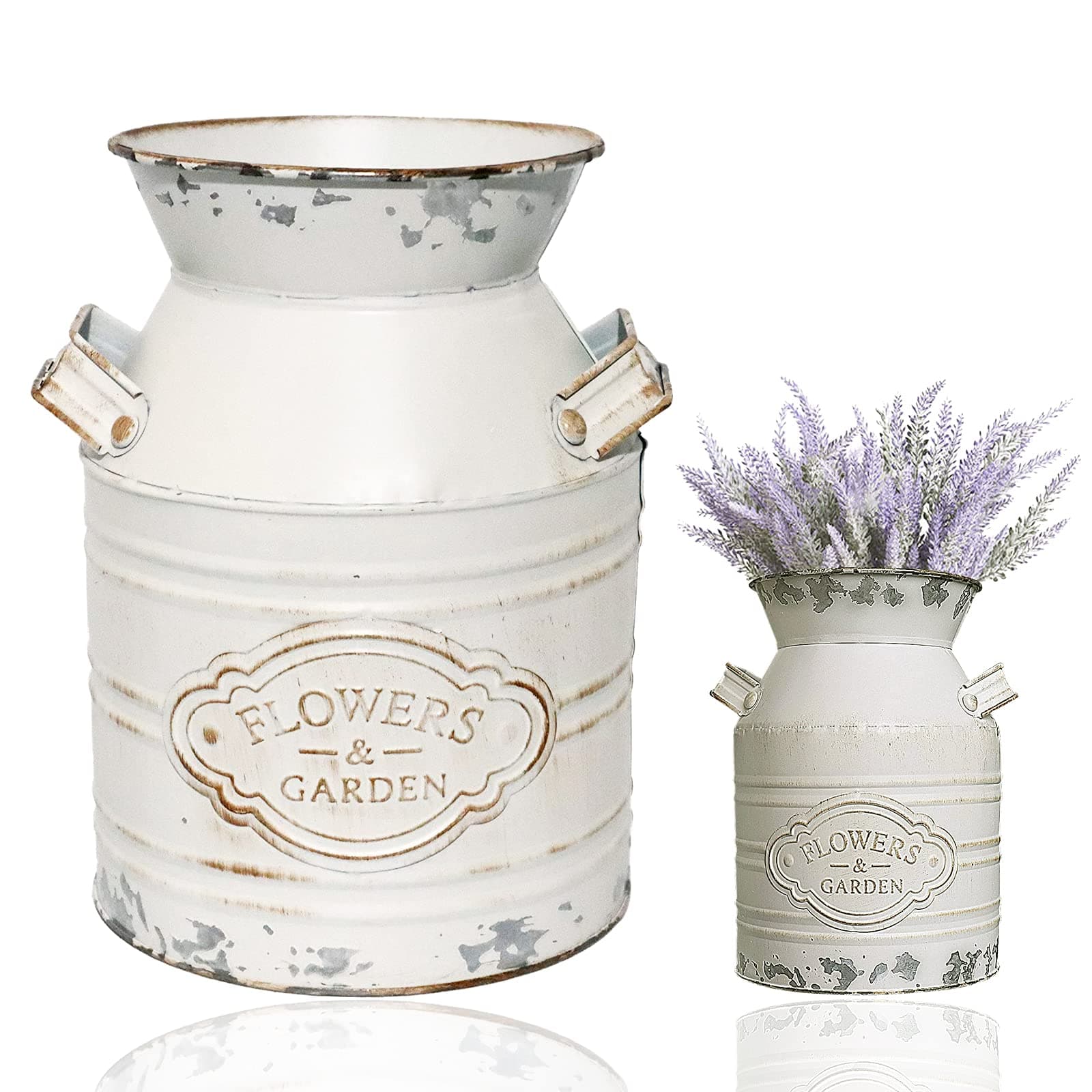Vintage Metal Flower Vase, Metal Galvanized Milk Can White Farmhouse Vase Decor with Handle for Home Decoration，7.5 inch H