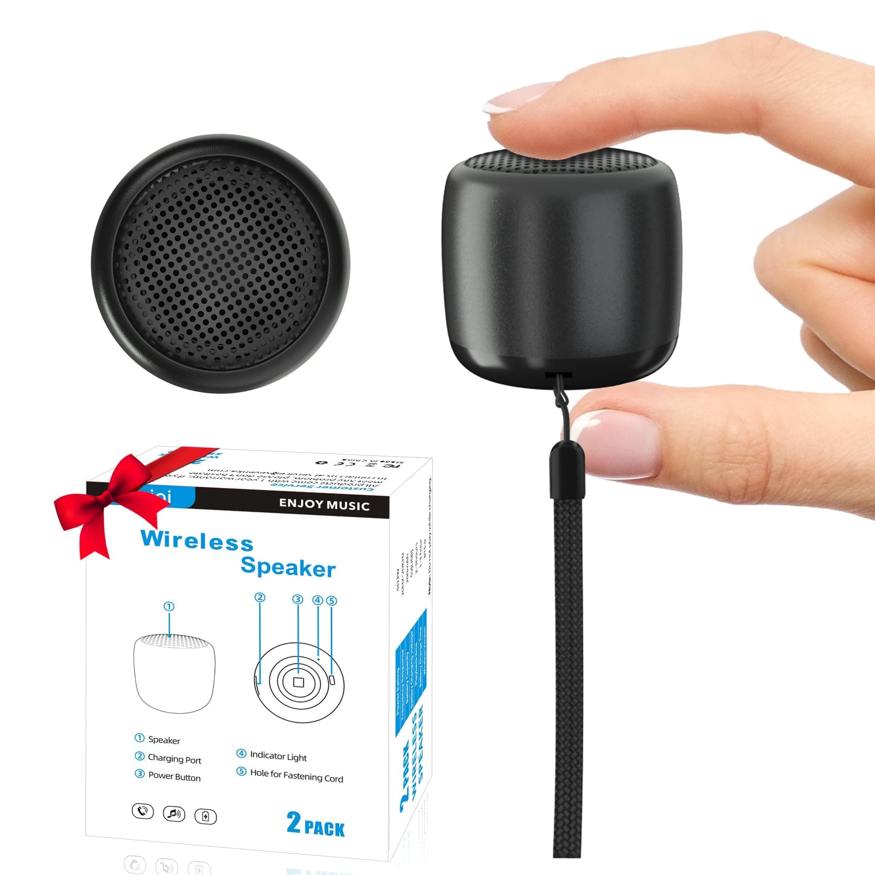 2Pack Bluetooth Wireless Portable Speaker with Strap, Built-in Mic & Rechargeable Battery for Shower, Room, Bike Use - Black