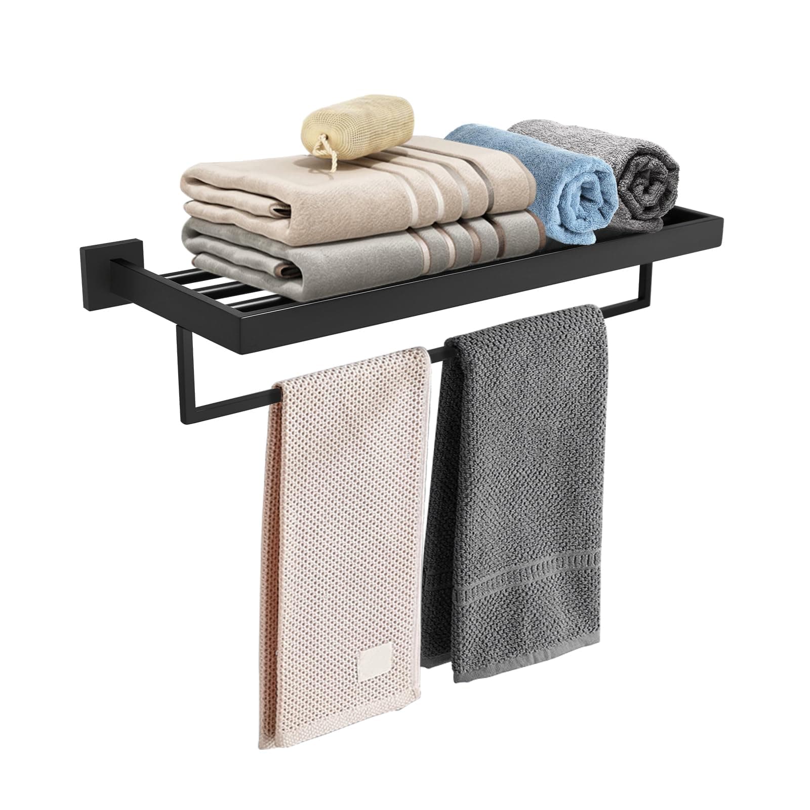 Turs 22-Inch Bathroom Towel Rack Storage Organizer Hanger Towel Bar SUS 304 Stainless Steel Wall Mount, Matte Black, A7008B