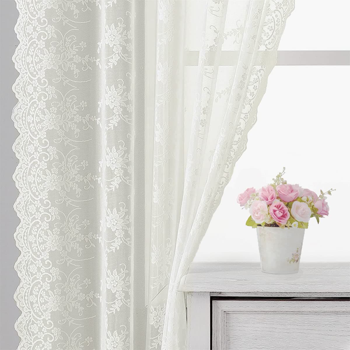 KotileVintage Lace Curtains Ivory/Cream - Tulle Branch Floral Embroidery Lace Sheer Curtains 84 Inch Length for Living Room, Scalloped Lace Curtain Panels for Windows, 52 x 84 Inch, 2 Panels, Ivory