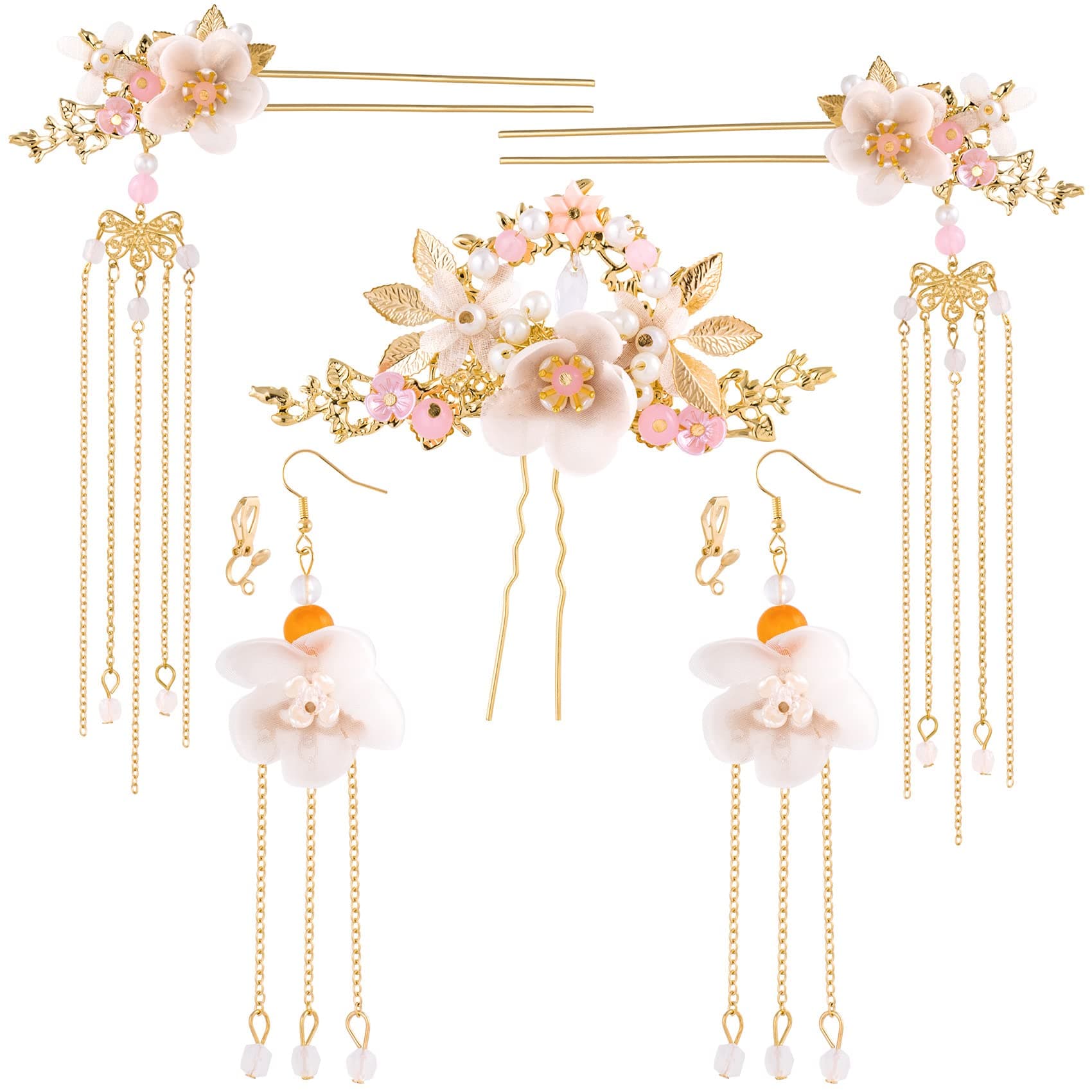 5Pcs Flowers Tassel Hair Pins Set, Crystal Rhinestone Pearl Hair Stick, Chinese Hanfu Traditional Wedding Classical Hair Accessories Earrings Set for Women Girls Updo Long Hair