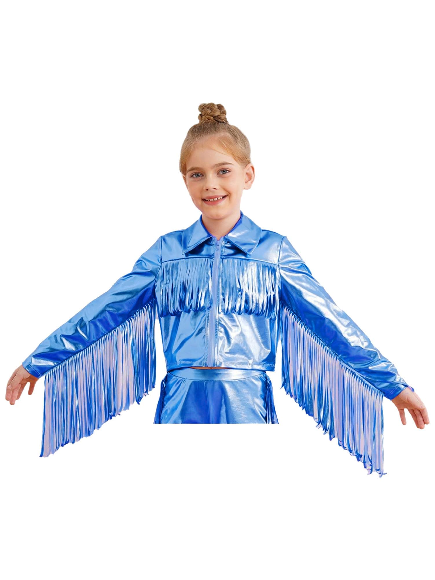 Alvivi Kids Girls Sparkly Metallic Fringe Jacket Long Sleeve Tassel Jacket Shiny Zipper Turn Down Collar Streetwear
