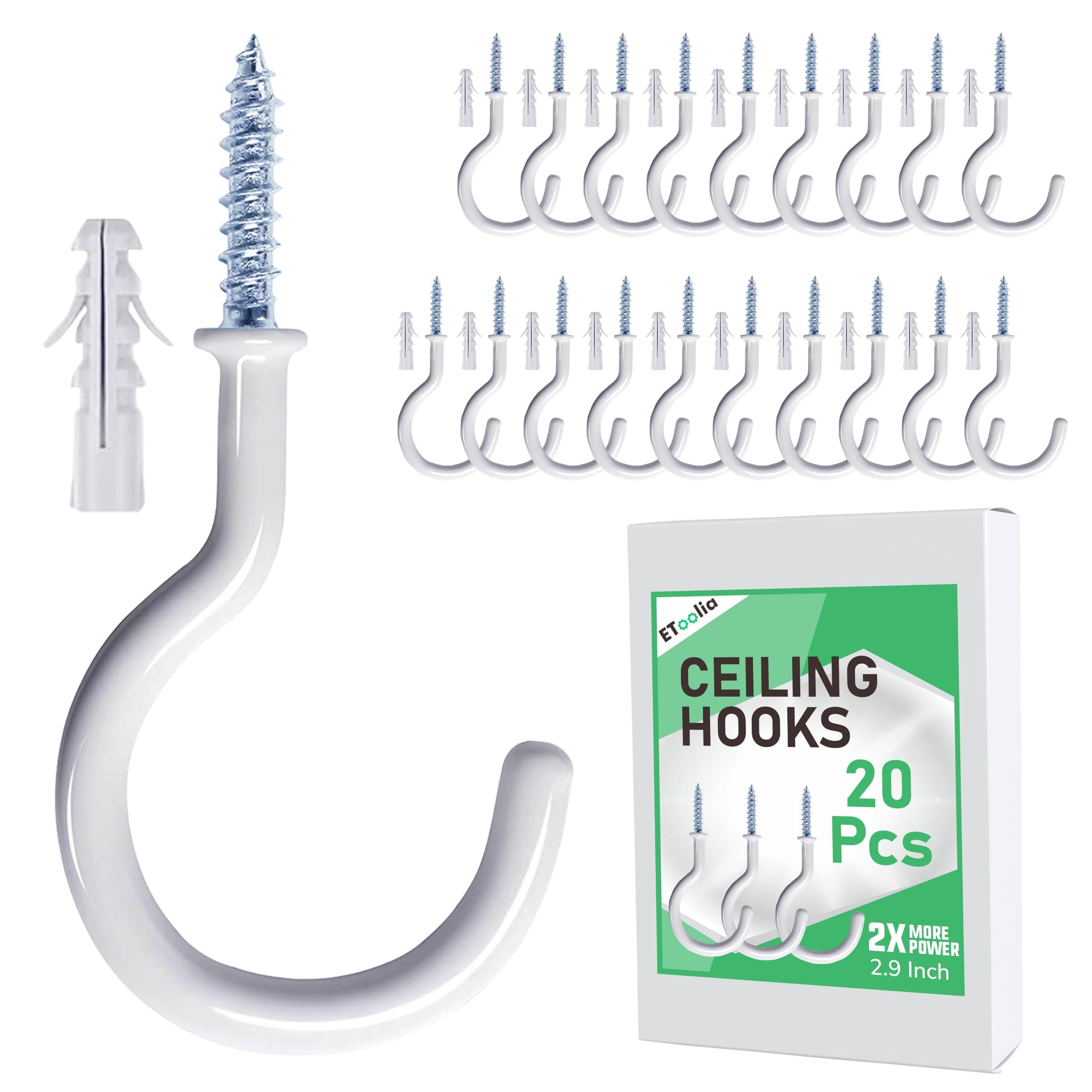 20 Pcs Ceiling Hooks for Hanging Plants - 2.9 inches Heavy Duty, Hanging Hooks for Christmas Lights, Cups, Decors - White Vinyl Coated Screw in Plant Hanger Hook Indoor and Outdoor