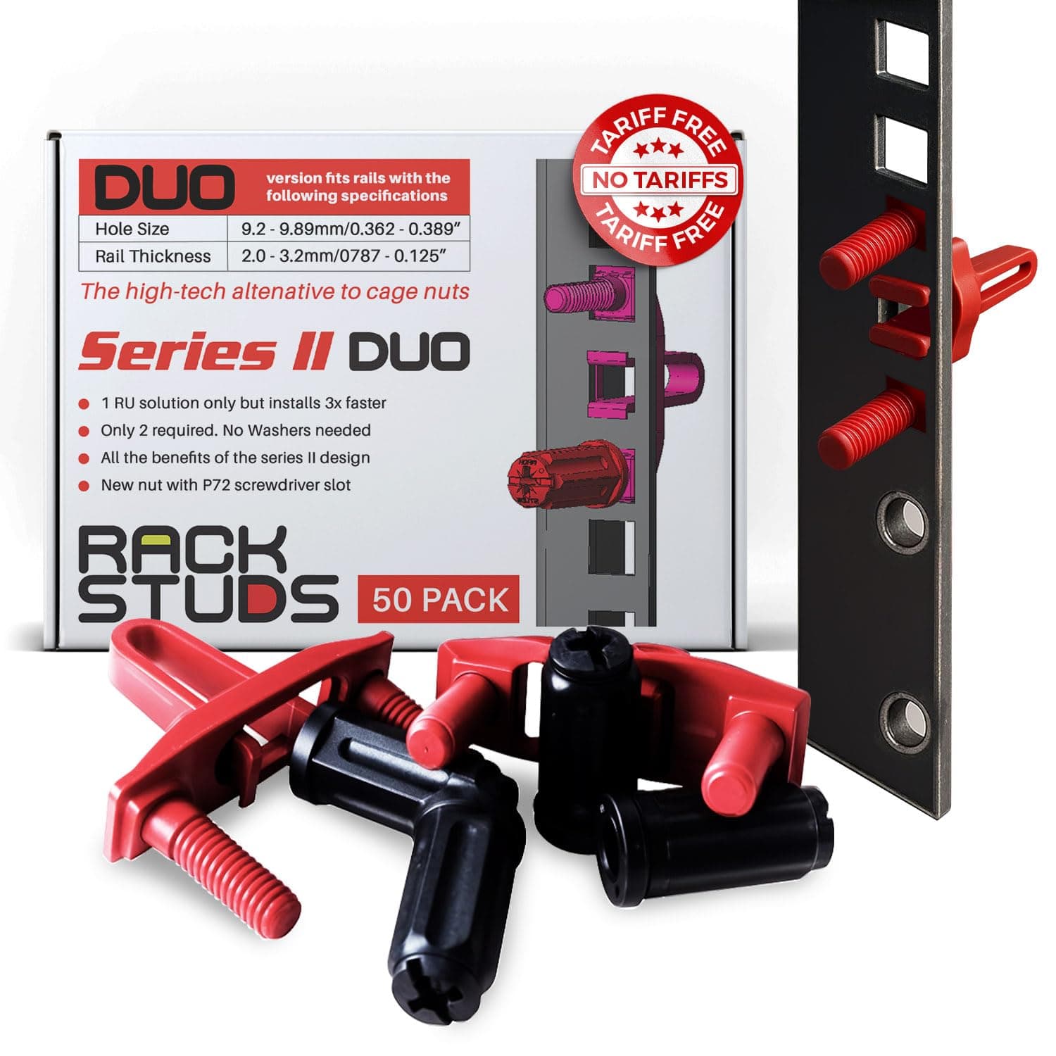 Rackstuds DUO50 1RU Series II Rack Mount Solution - Effortless Replacement for Conventional Rack Screws and Cage Nuts & Server Rack Bolts, Ideal for Server Hardware Setup - 50 Pack, Universal