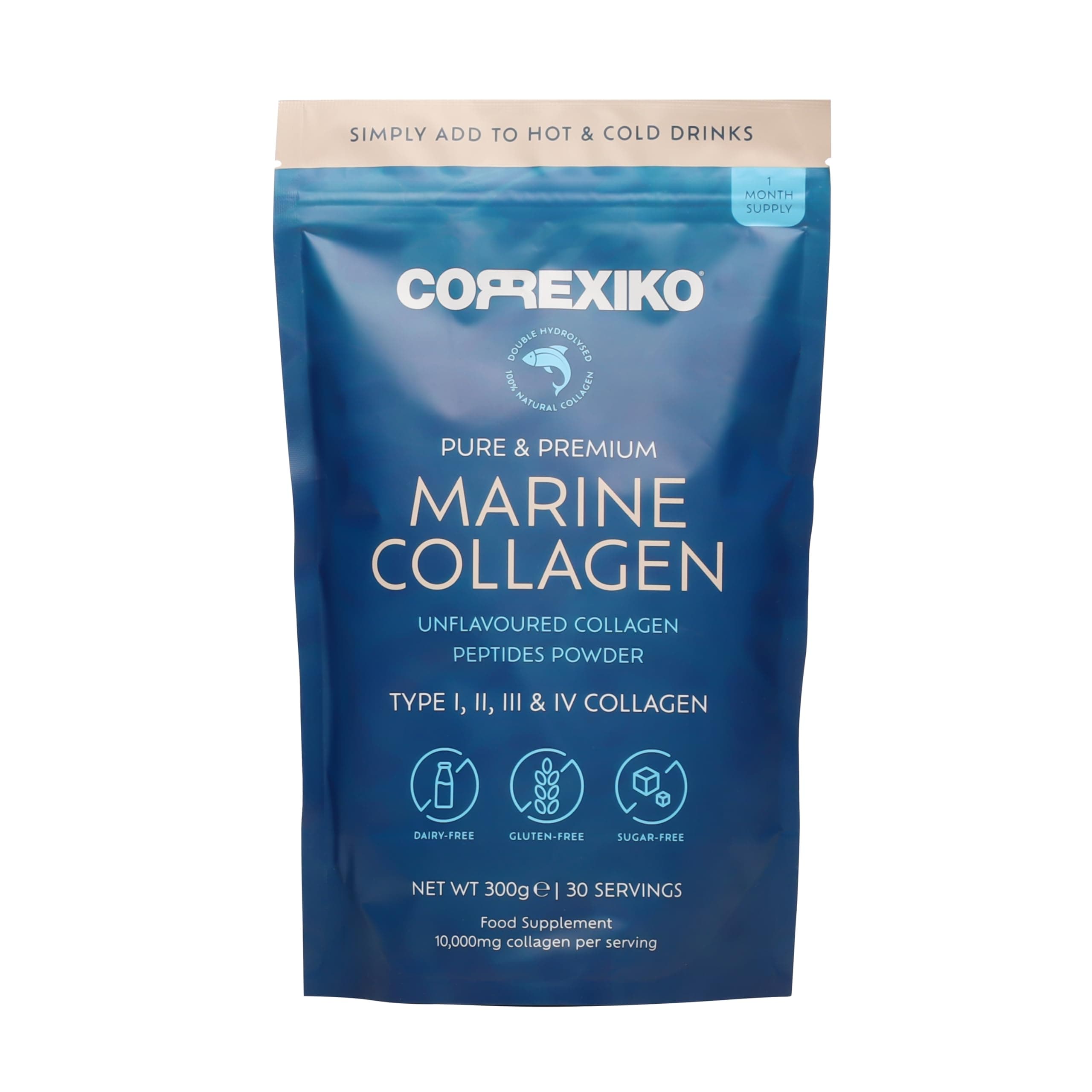CORREXIKO Marine Collagen Powder Supplement Unflavoured - 10,000mg Double Hydrolysed Collagen Peptides per Serving - Formulated for Maximum Absorption - for Hair, Skin & Nails - 300g, 30 Servings