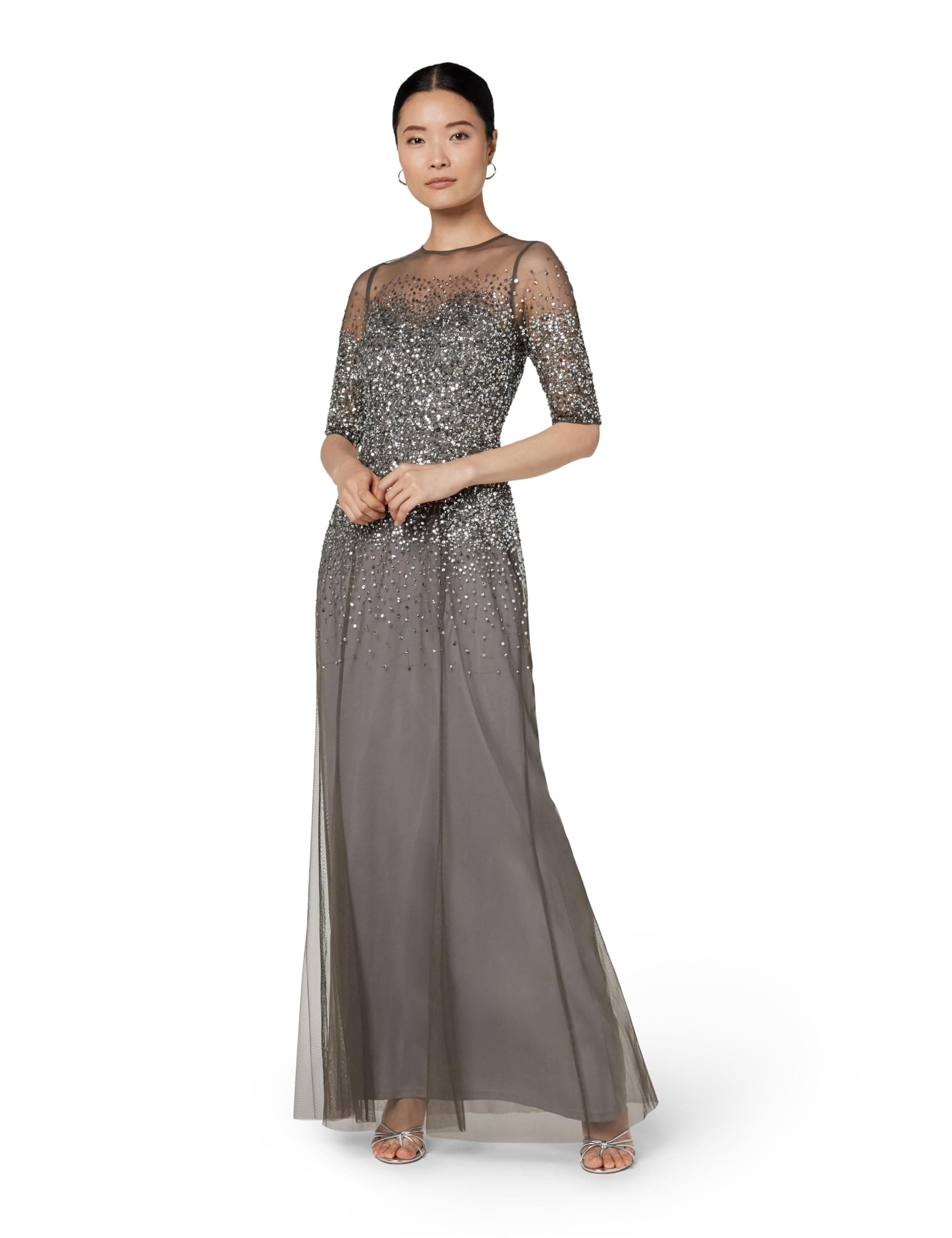 Women's Beaded Illusion Dress | Long Sequin Evening Dress with Fitted Bodice & Tulle Skirt Overlay