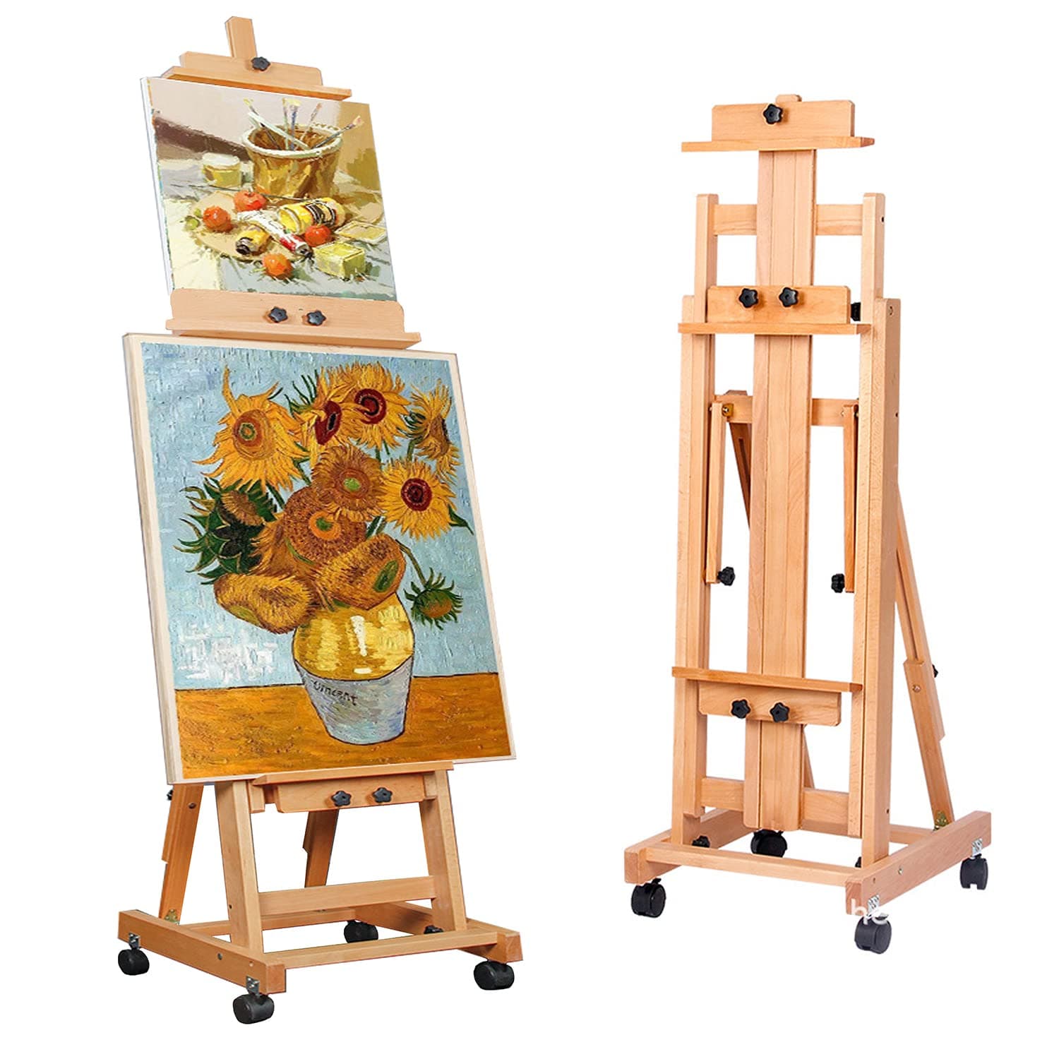 Art Easel for Painting, Large H-Frame Standing Studio Painting Easel Tilting Flat Adjustable with Wheels for Adults Artist, Can Holds 2 Canvases