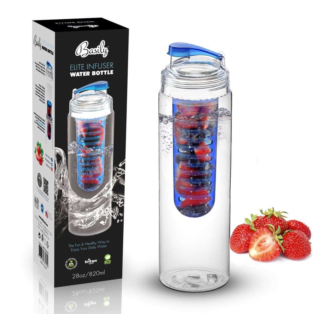 Basily Elite Infuser Water Bottle - 28 ounce - Made with Commercial Grade Tritan - PLUS Recipe Ebook INCLUDED Blue Blue Blue