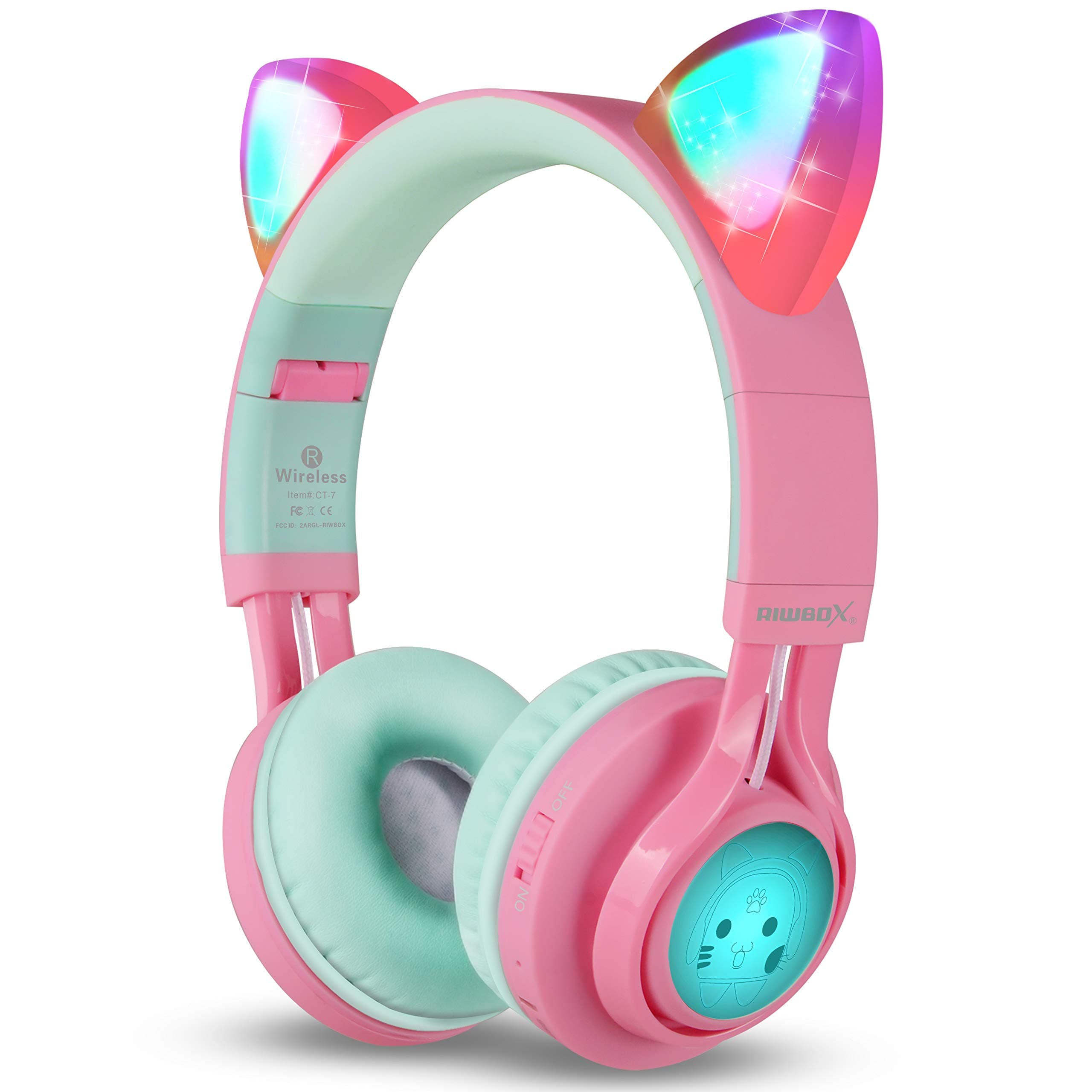 Riwbox CT-7 Cat Ear Bluetooth Headphones, LED Light Up Bluetooth Wireless Over Ear Headphones with Microphone and Volume Control for Travel/School/Smartphones/Laptop/PC/TV (Pink&Green)