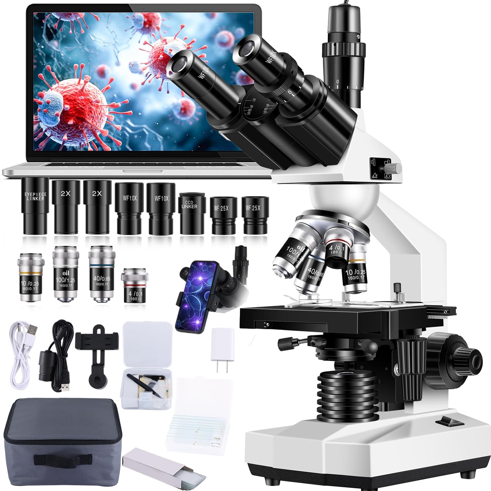Compound Trinocular Microscope 40X-5000X Magnification, Laboratory Grade Microscope for Adults, Microscopes with LED Illumination Double Mechanical Stage and HD USB Camera