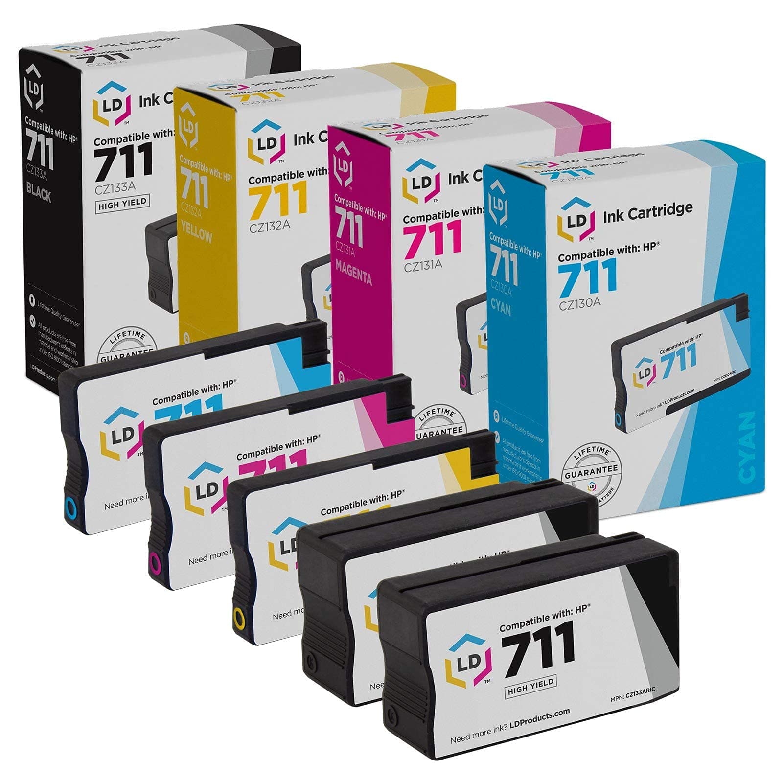 LD ProductsRemanufactured Ink Cartridge Replacement for HP 711 (2 Black, 1 Cyan, 1 Magenta, 1 Yellow, 5-Pack) for use in DesignJet: T120, T125, T130, T520, T525 24In, T525 36In, T530 24In, T530 36In