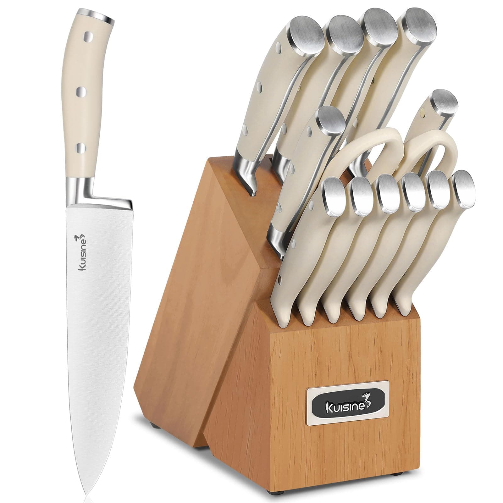 Kitchen Chef Knife Block Set,High Carbon Stainless Steel Razor-Sharp Blade Ergonomic Handle,Sharp Knife Set with Built-in Sharpener,Elegant Gift(Irovy-Acacia,15pcs)