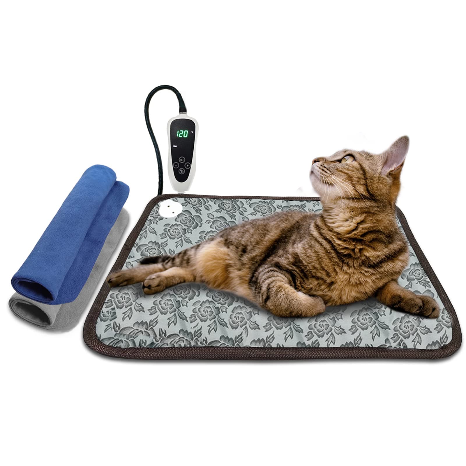 Cat Heating pad 18x18in for Cats Waterproof Smart Thermostat Switch, Adjustable Puppy Pet Heating Pad Mat Chew Resistant Steel Cord